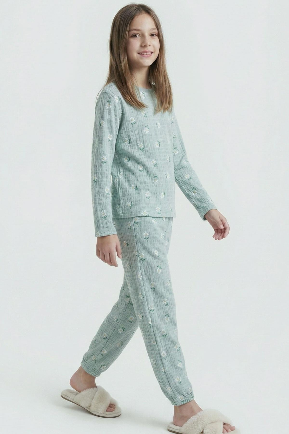 Breeze Kız Çocuk Pijama Takımı Papatya Desenli Su Yeşili (9-12 Yaş)