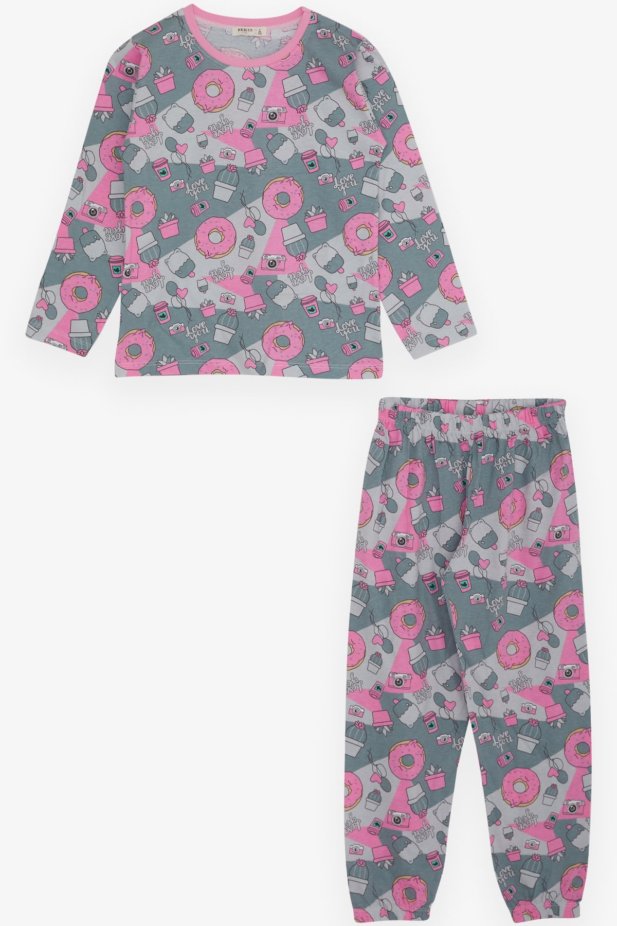 Breeze Kız Çocuk Pijama Takımı Parti Temalı Açık Gri (4-8 Yaş)