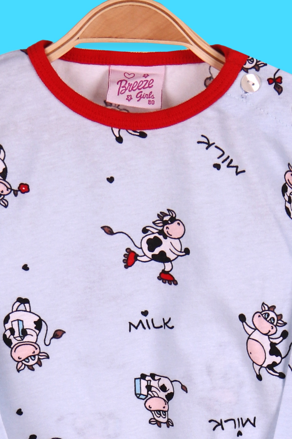 Breeze Kız Çocuk Pijama Takımı Paten Süren İnek Desenli Bebe Mavisi (1-4 Yaş)