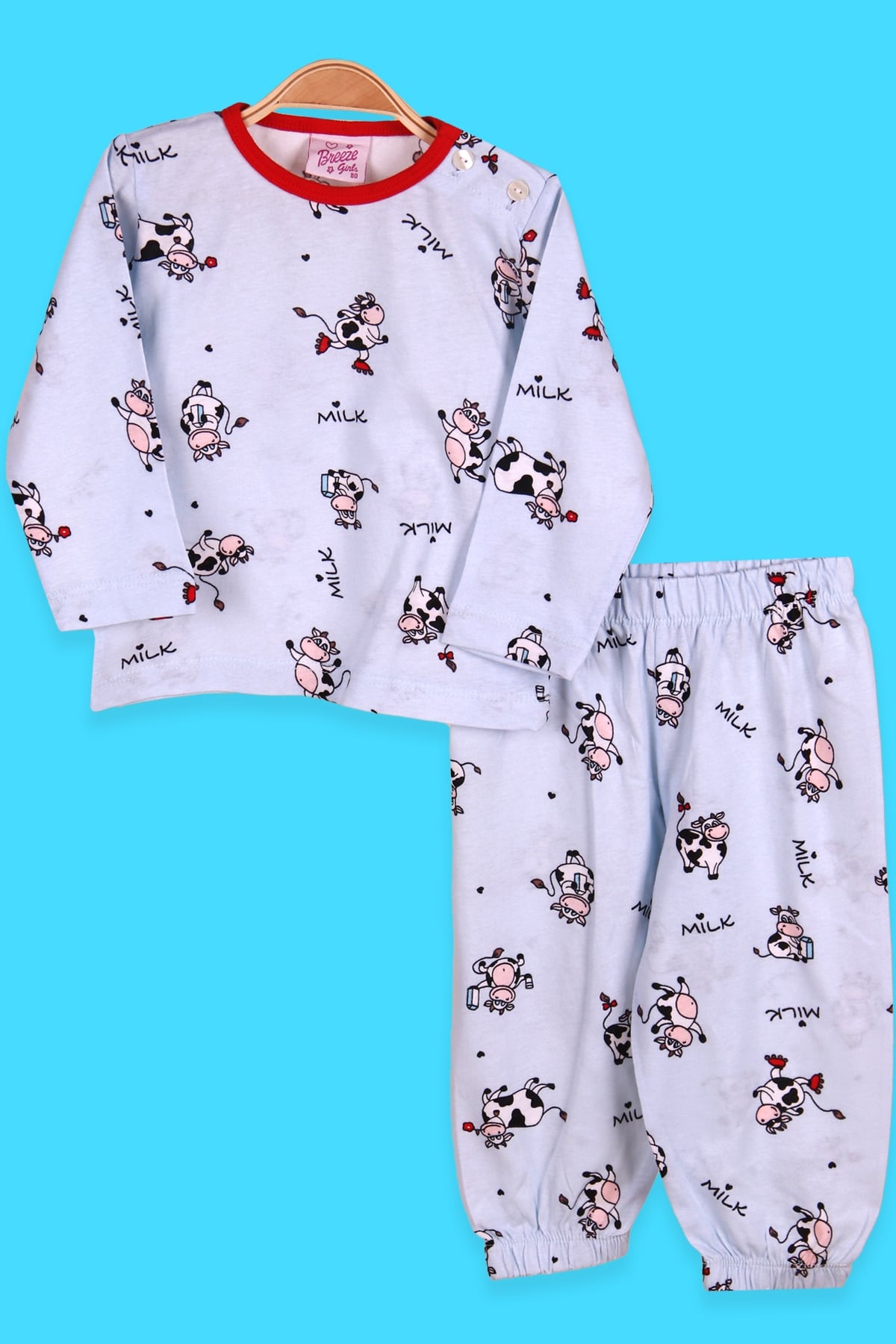 Breeze Kız Çocuk Pijama Takımı Paten Süren İnek Desenli Bebe Mavisi (1-4 Yaş)