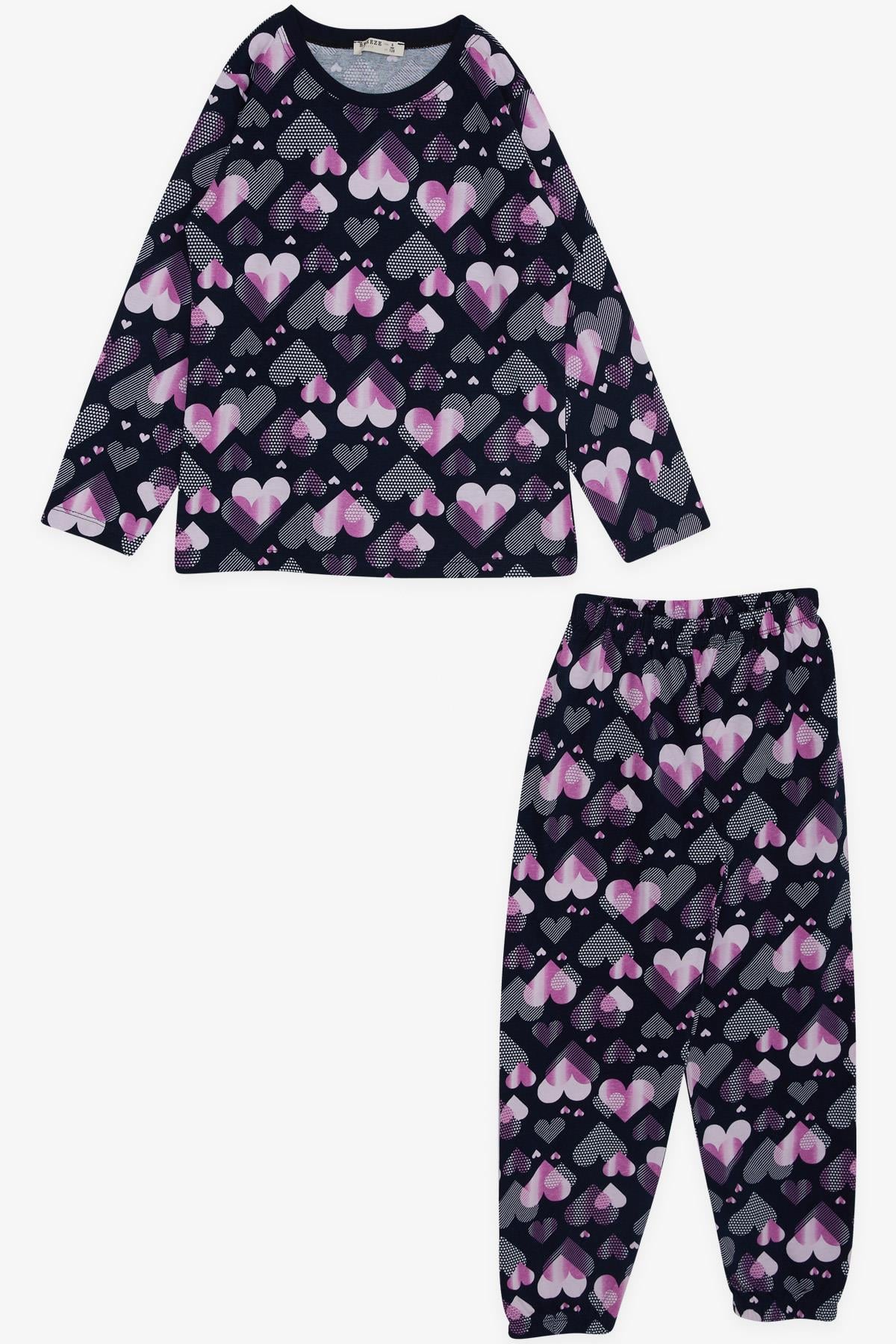 Breeze Kız Çocuk Pijama Takımı Renk Kalp Desenli Lacivert (4-8 Yaş)