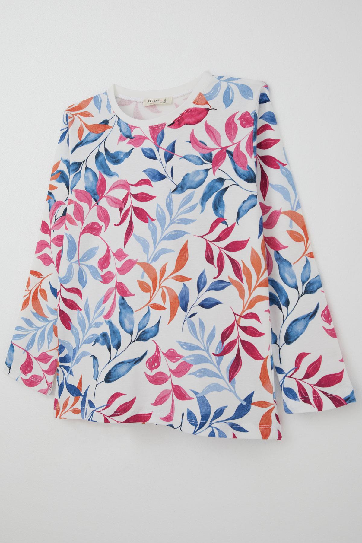 Breeze Kız Çocuk Pijama Takımı Renkli Yaprak Desenli Beyaz (9-12 Yaş)