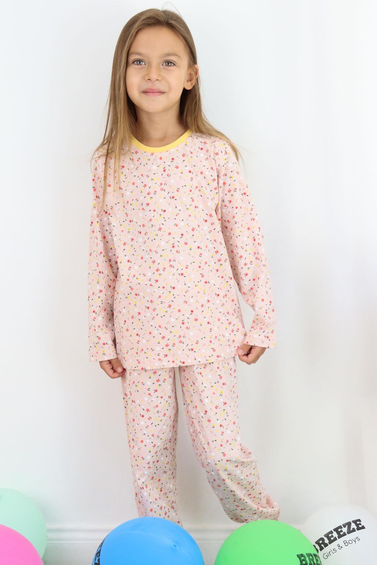 Breeze Kız Çocuk Pijama Takımı Renkli Minik Çiçek Desenli Pudra (4-8 Yaş)