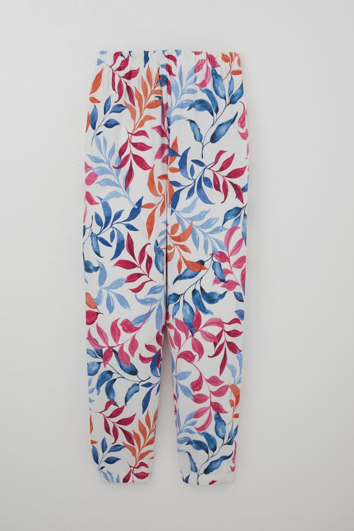 Breeze Kız Çocuk Pijama Takımı Renkli Yaprak Desenli Beyaz (9-12 Yaş)