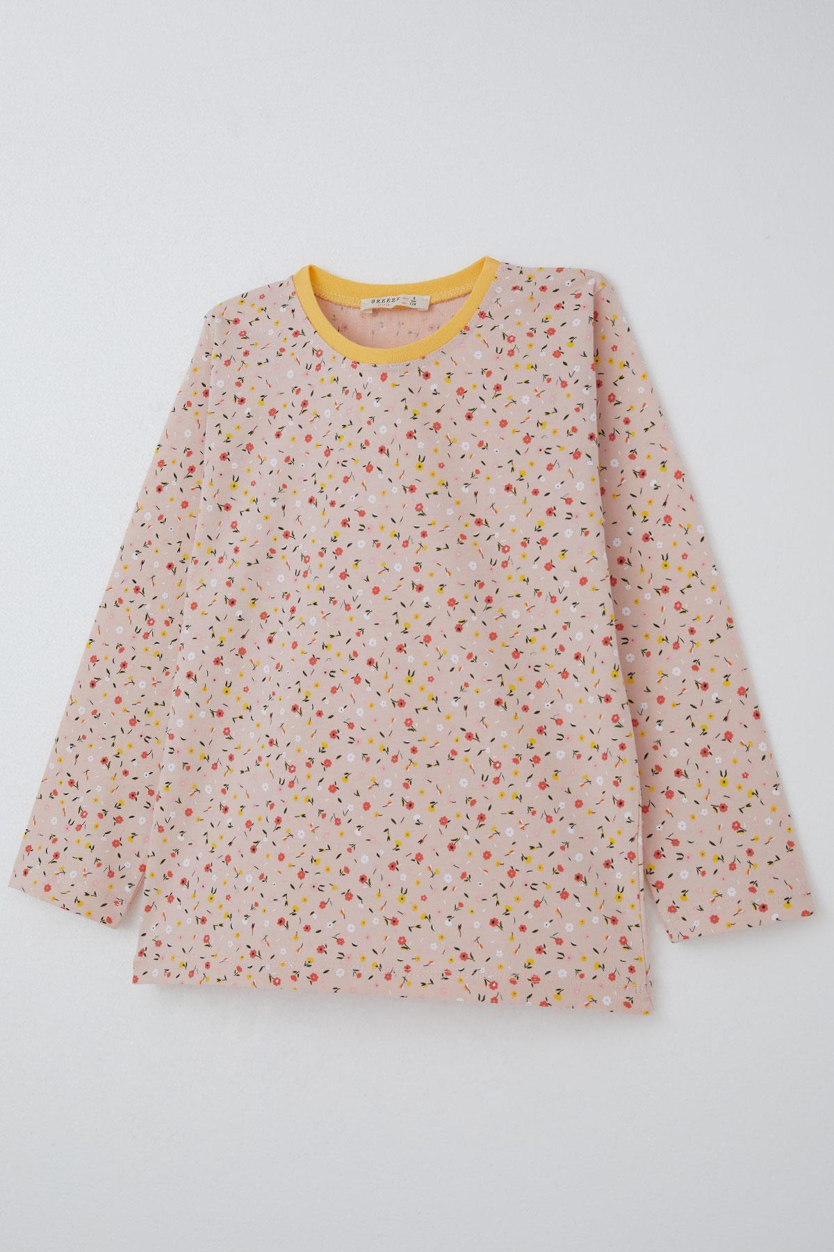 Breeze Kız Çocuk Pijama Takımı Renkli Minik Çiçek Desenli Pudra (4-8 Yaş)