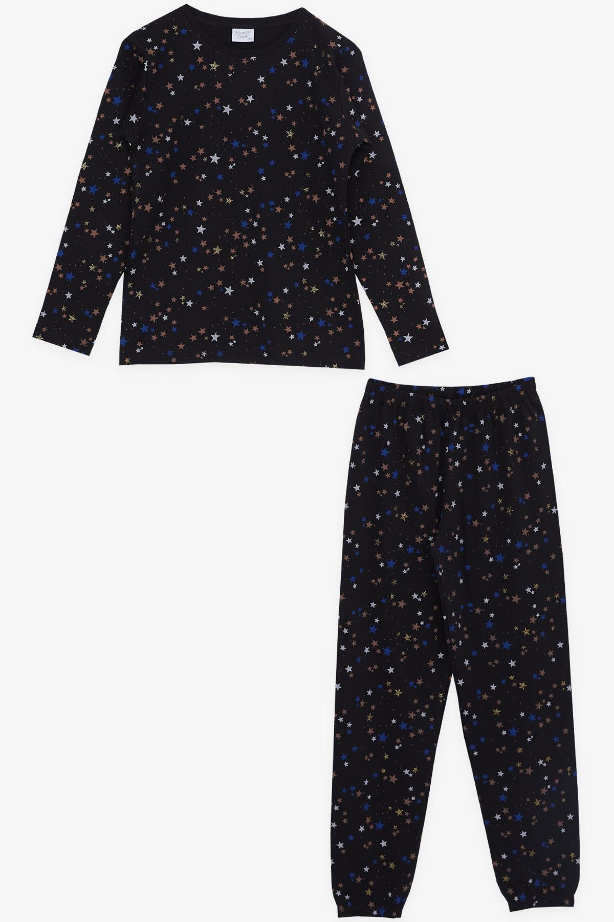 Breeze Kız Çocuk Pijama Takımı Renkli Yıldız Desenli Siyah (9-12 Yaş)