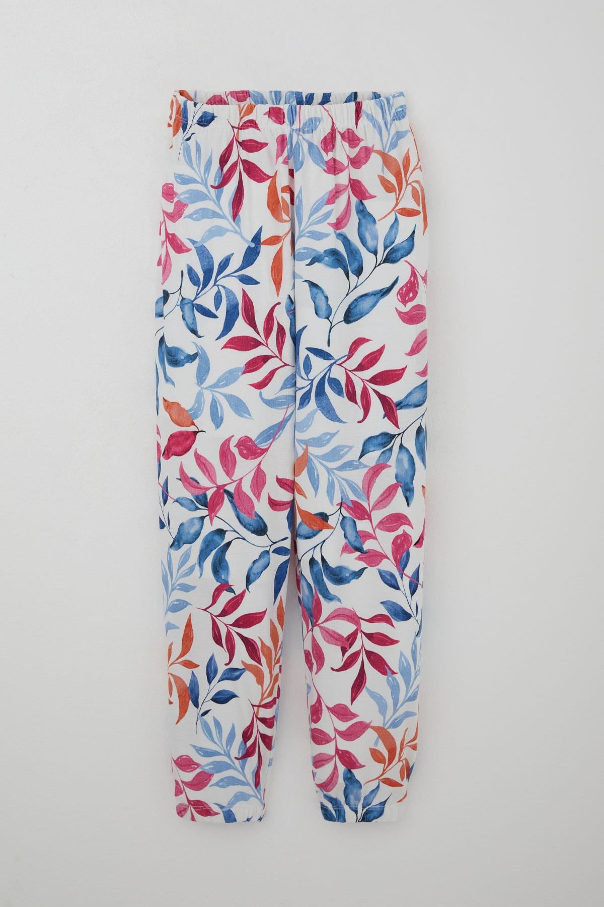 Breeze Kız Çocuk Pijama Takımı Renkli Yaprak Desenli Beyaz (9-12 Yaş)