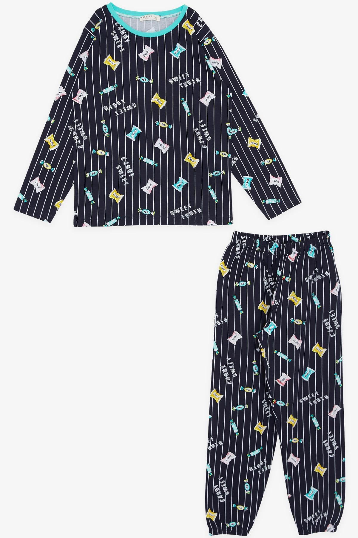 Breeze Kız Çocuk Pijama Takımı Renkli Şeker Desenli Lacivert (4-8 Yaş)