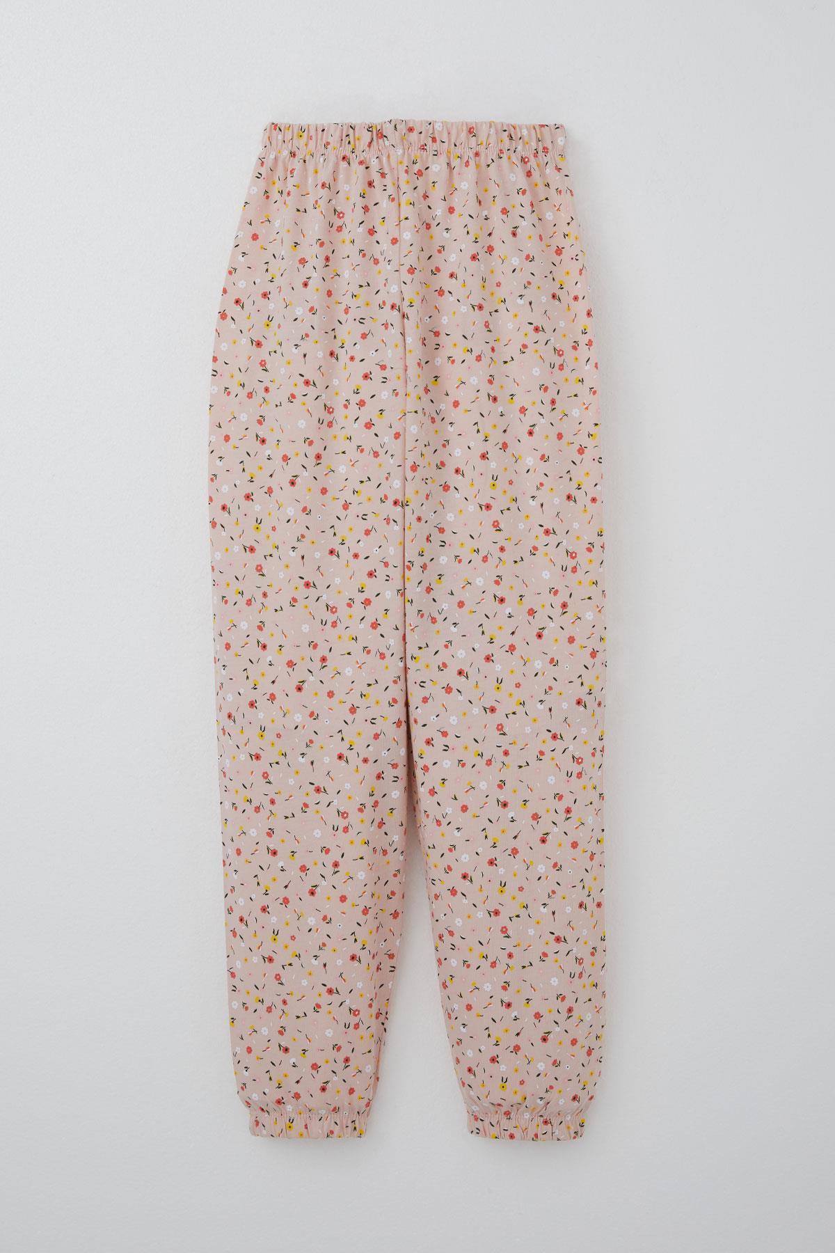Breeze Kız Çocuk Pijama Takımı Renkli Minik Çiçek Desenli Pudra (4-8 Yaş)