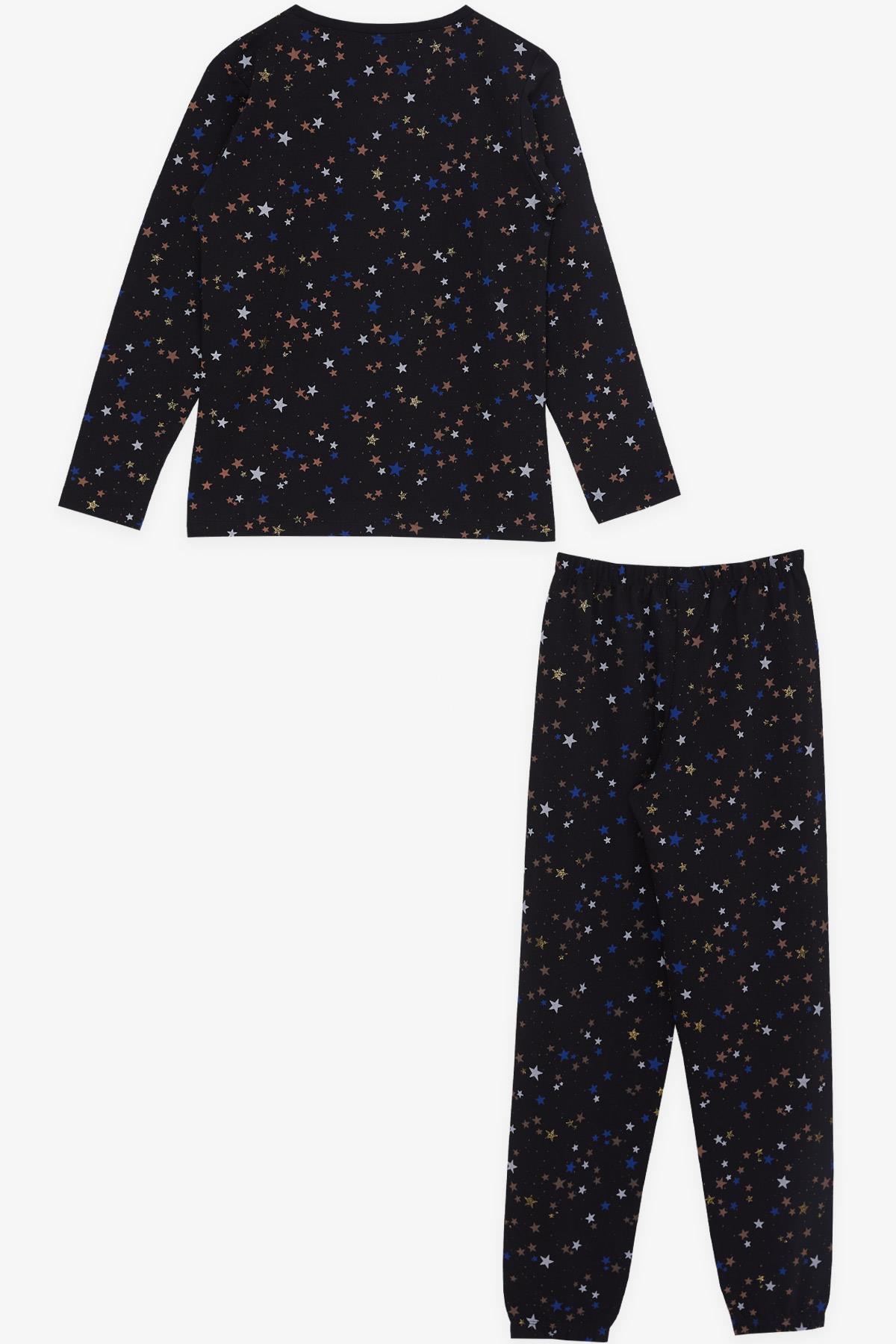 Breeze Kız Çocuk Pijama Takımı Renkli Yıldız Desenli Siyah (9-12 Yaş)