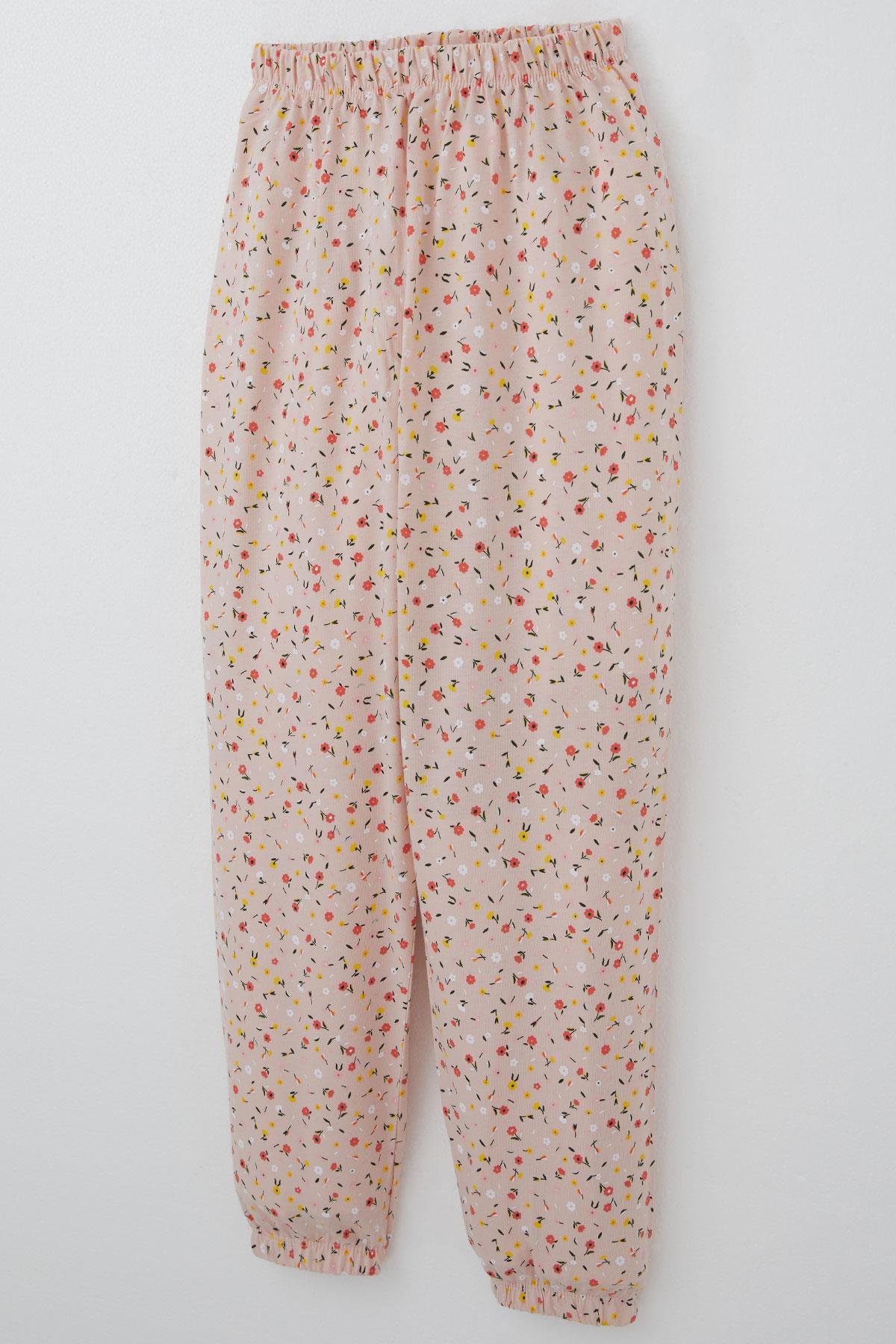Breeze Kız Çocuk Pijama Takımı Renkli Minik Çiçek Desenli Pudra (4-8 Yaş)