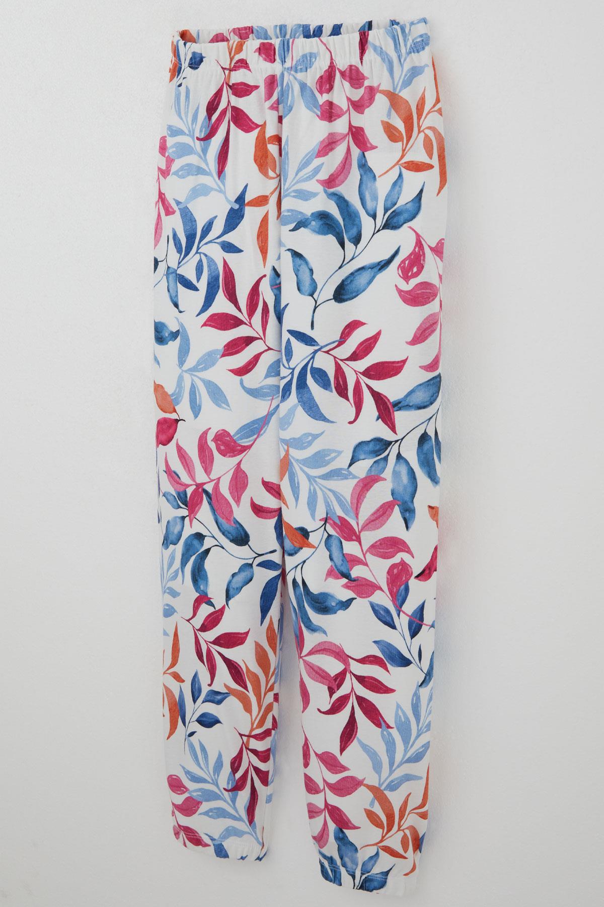 Breeze Kız Çocuk Pijama Takımı Renkli Yaprak Desenli Beyaz (9-12 Yaş)