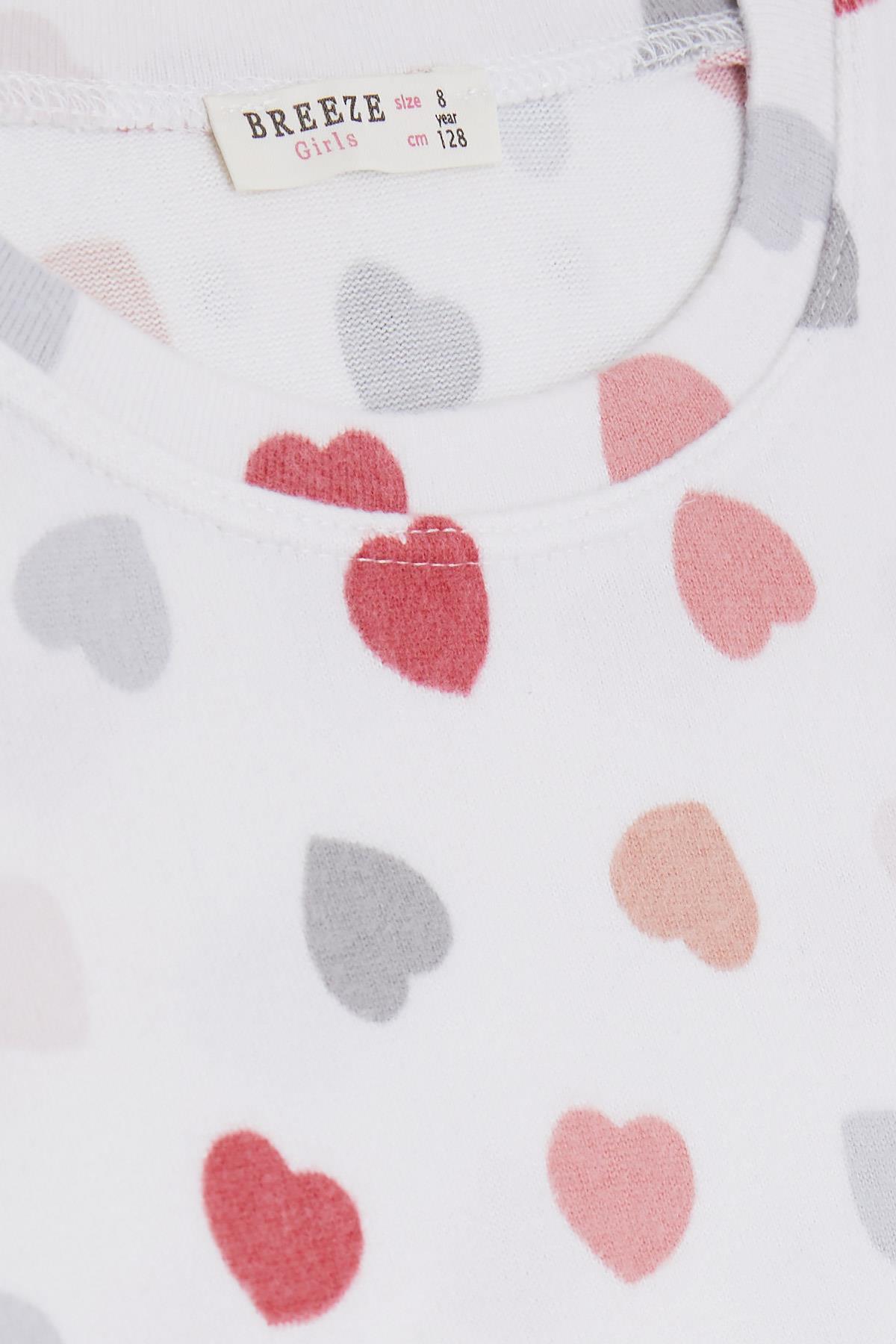 Breeze Kız Çocuk Pijama Takımı Renkli Kalp Desenli Ekru (6-12 Yaş)