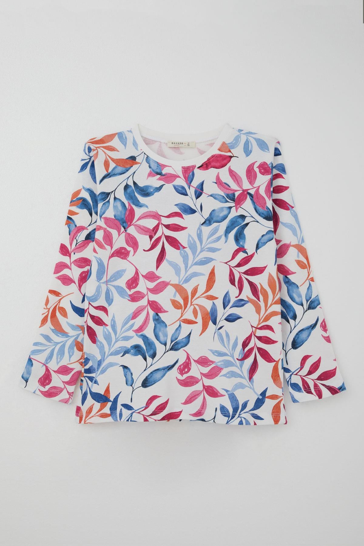 Breeze Kız Çocuk Pijama Takımı Renkli Yaprak Desenli Beyaz (9-12 Yaş)