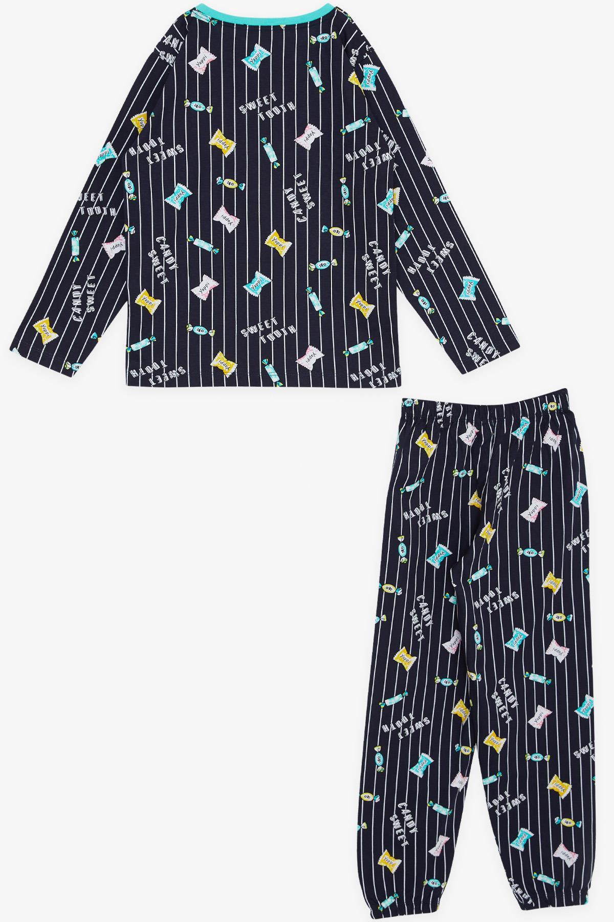 Breeze Kız Çocuk Pijama Takımı Renkli Şeker Desenli Lacivert (4-8 Yaş)