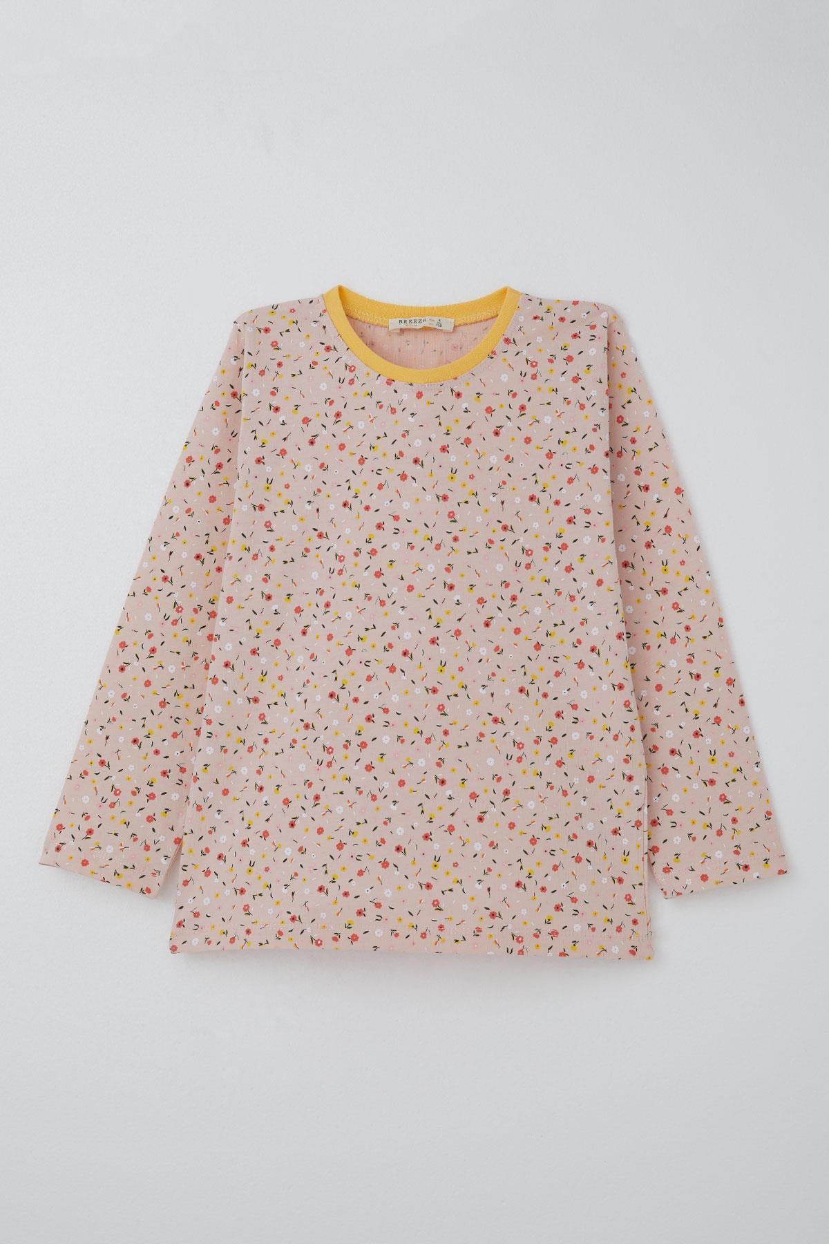 Breeze Kız Çocuk Pijama Takımı Renkli Minik Çiçek Desenli Pudra (4-8 Yaş)