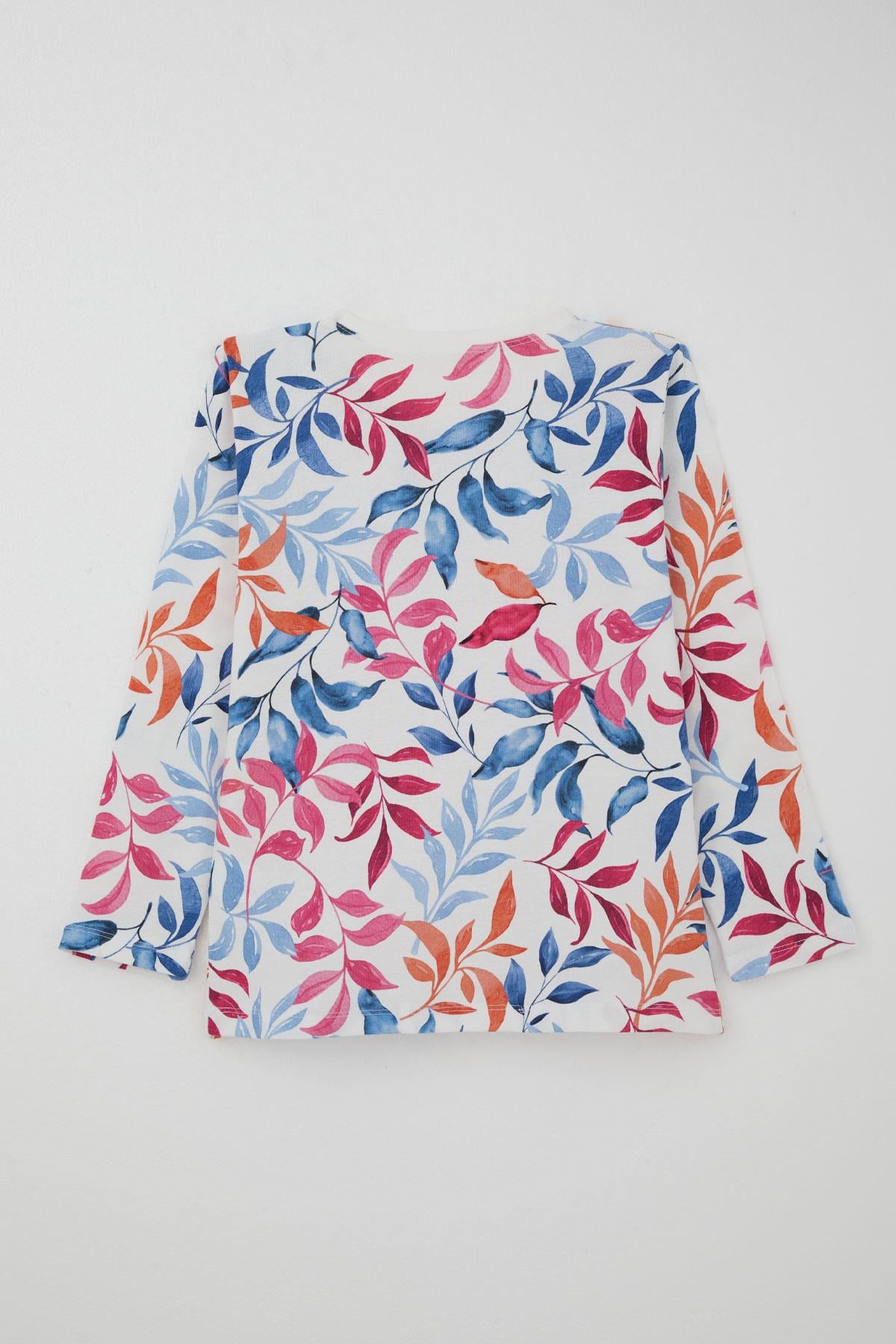 Breeze Kız Çocuk Pijama Takımı Renkli Yaprak Desenli Beyaz (9-12 Yaş)