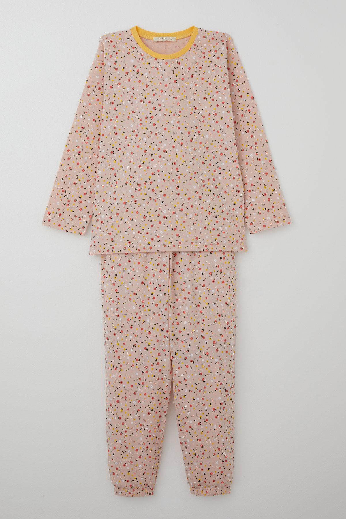 Breeze Kız Çocuk Pijama Takımı Renkli Minik Çiçek Desenli Pudra (4-8 Yaş)