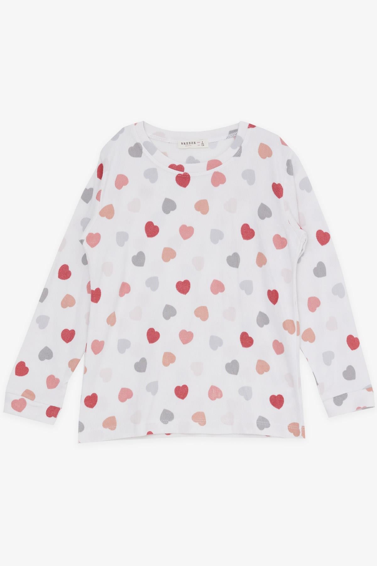 Breeze Kız Çocuk Pijama Takımı Renkli Kalp Desenli Ekru (6-12 Yaş)