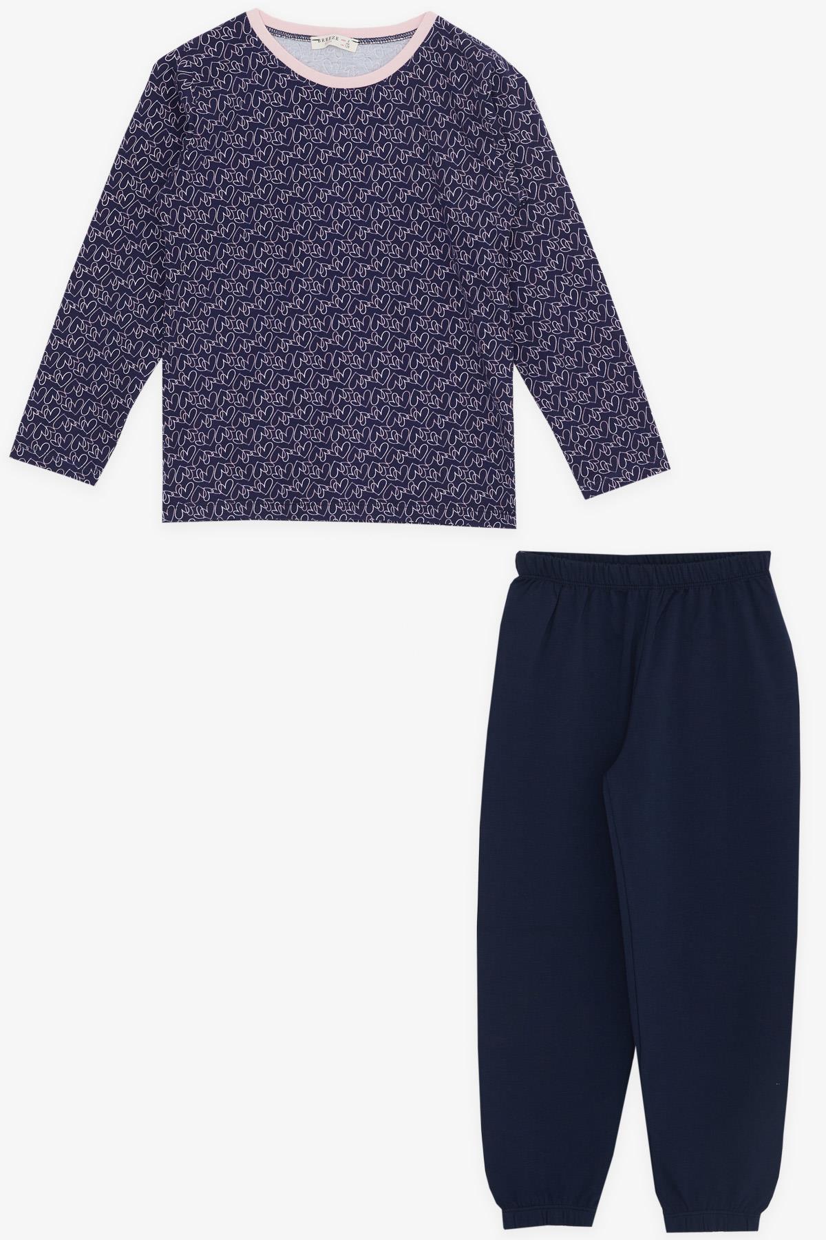 Breeze Kız Çocuk Pijama Takımı Renkli Kalp Desenli Lacivert (6 Yaş)