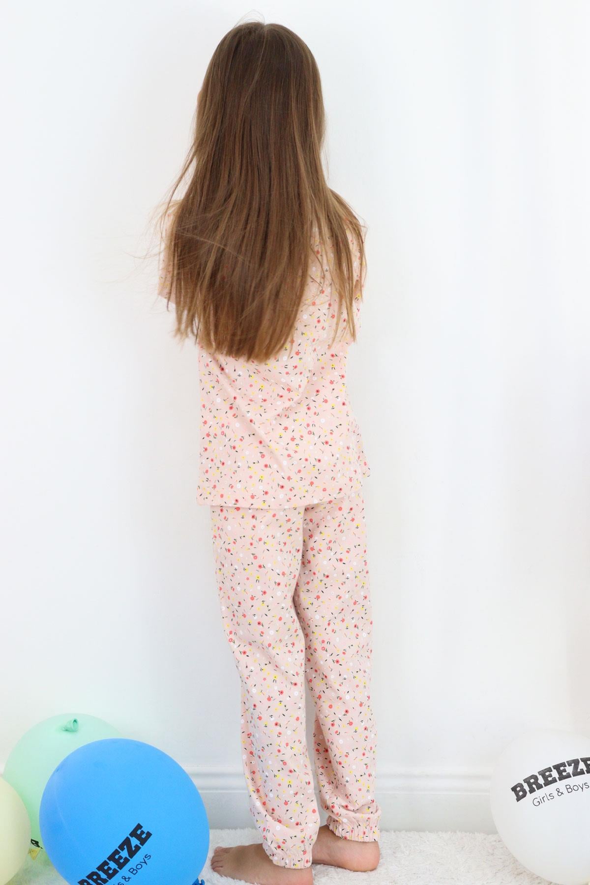 Breeze Kız Çocuk Pijama Takımı Renkli Minik Çiçek Desenli Pudra (4-8 Yaş)