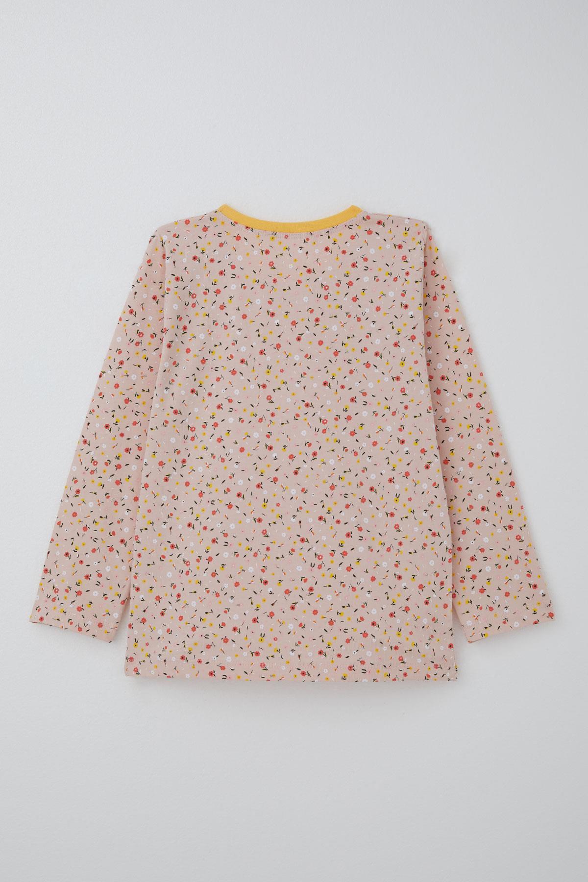 Breeze Kız Çocuk Pijama Takımı Renkli Minik Çiçek Desenli Pudra (4-8 Yaş)