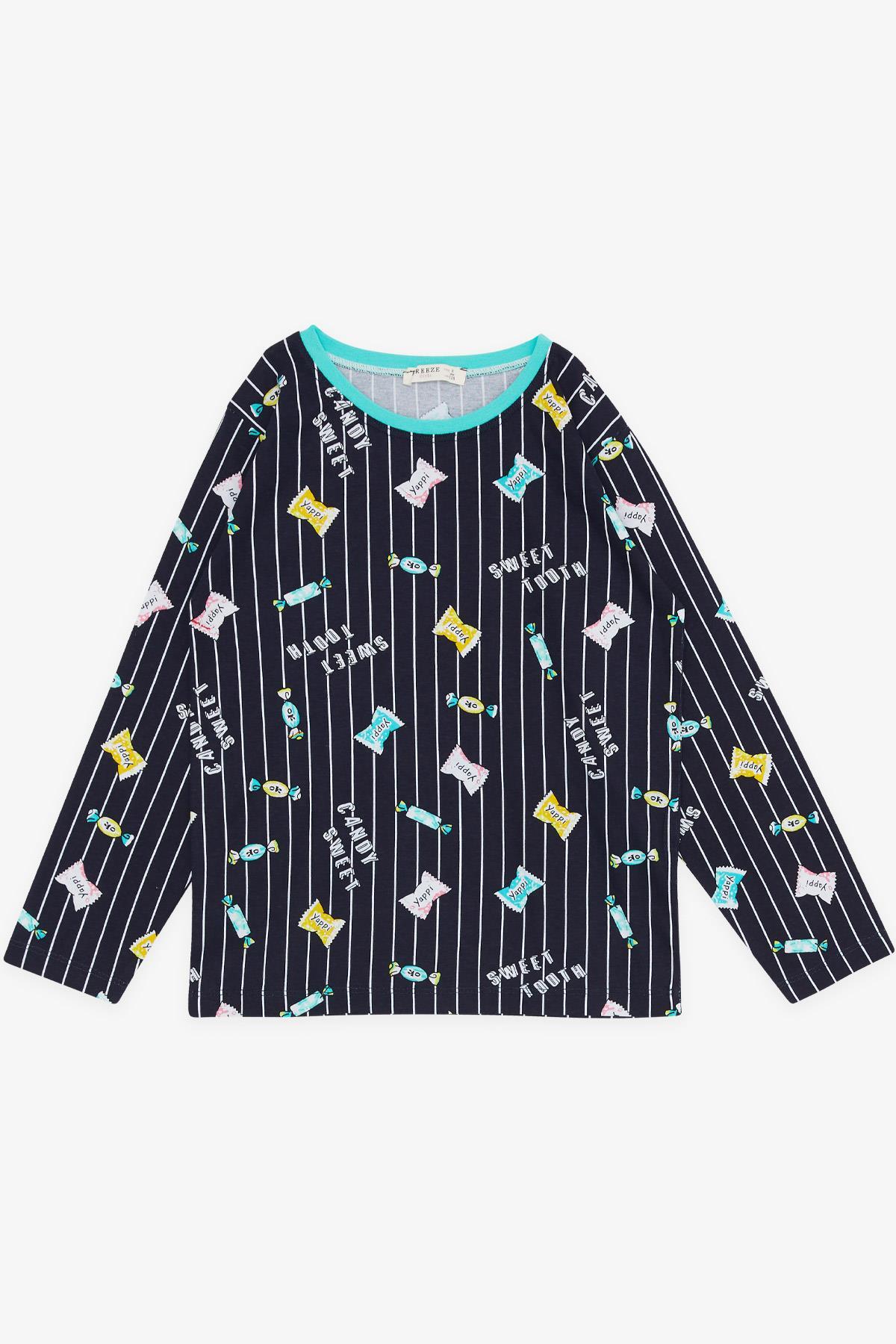 Breeze Kız Çocuk Pijama Takımı Renkli Şeker Desenli Lacivert (4-8 Yaş)