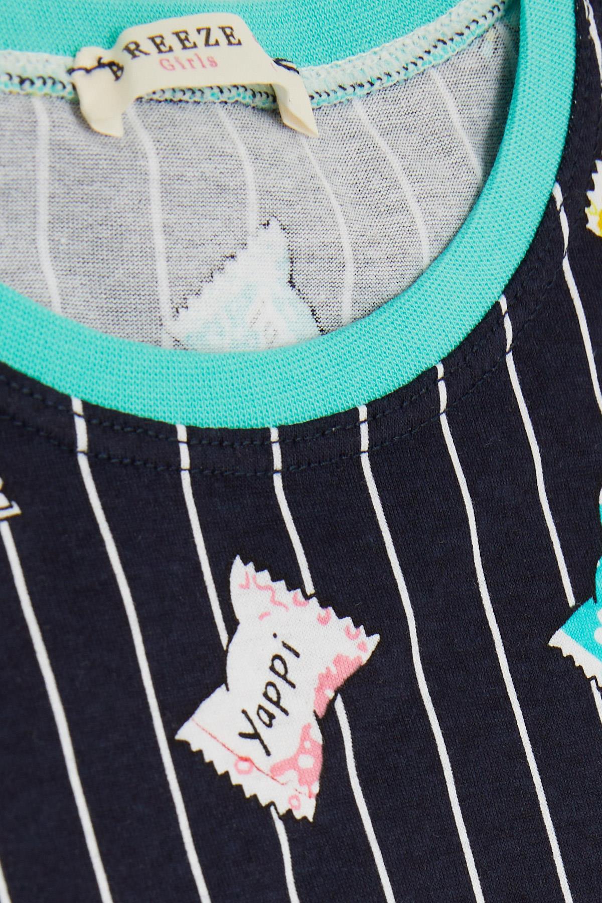 Breeze Kız Çocuk Pijama Takımı Renkli Şeker Desenli Lacivert (4-8 Yaş)