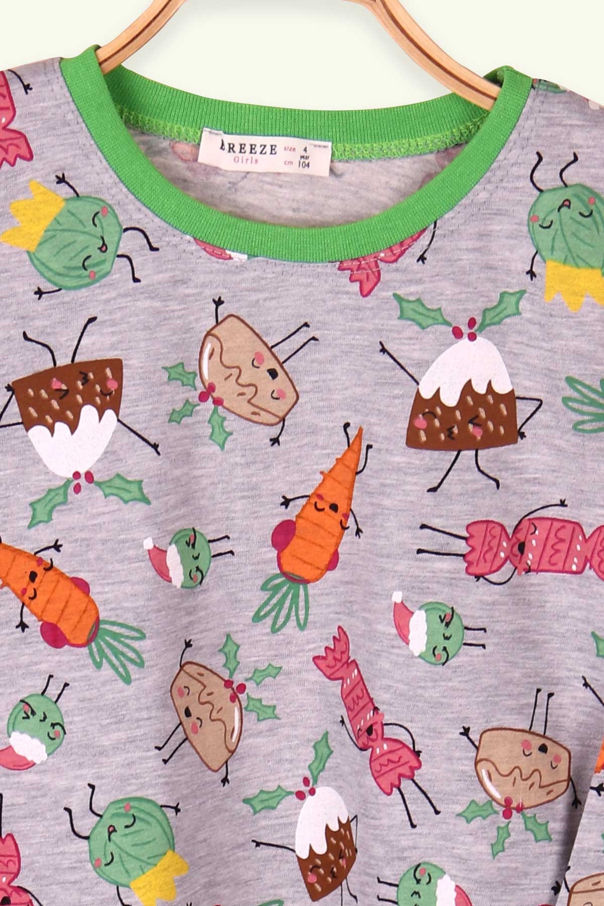 Breeze Kız Çocuk Pijama Takımı Sevimli Sebzeler Gri (4-8 Yaş)