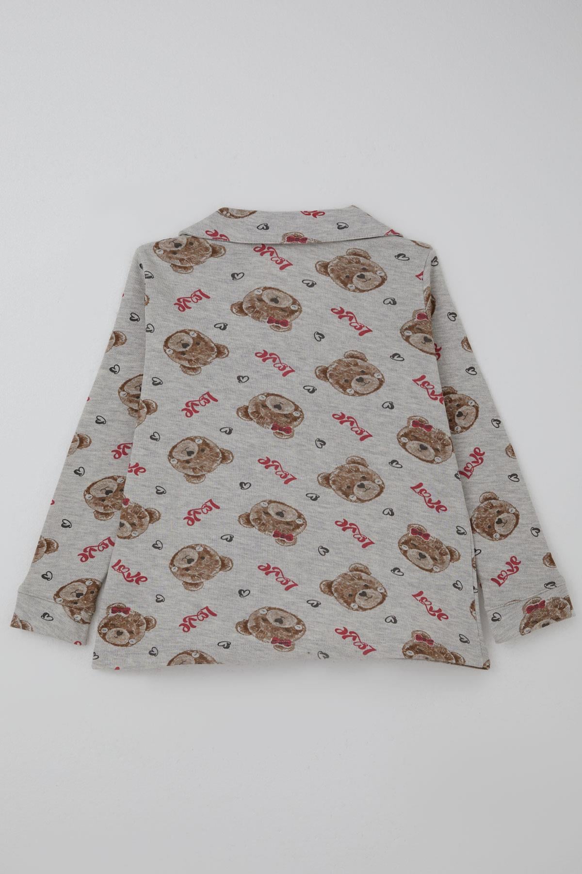 Breeze Kız Çocuk Pijama Takımı Sevimli Fiyonklu Ayıcık Desenli Açık Gri Melanj (7-11 Yaş)