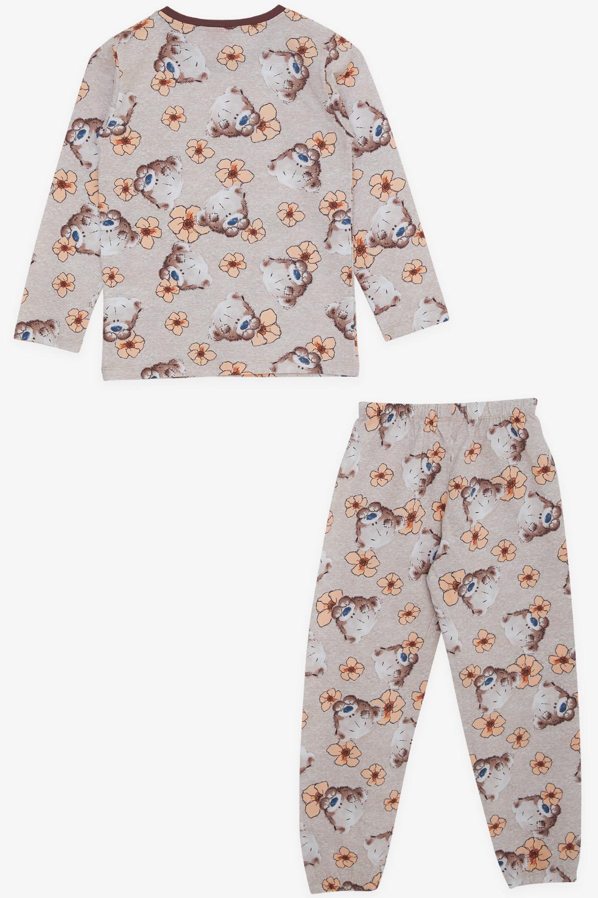 Breeze Kız Çocuk Pijama Takımı Sevimli Ayıcık Desenli Bej Melanj (4-8 Yaş)