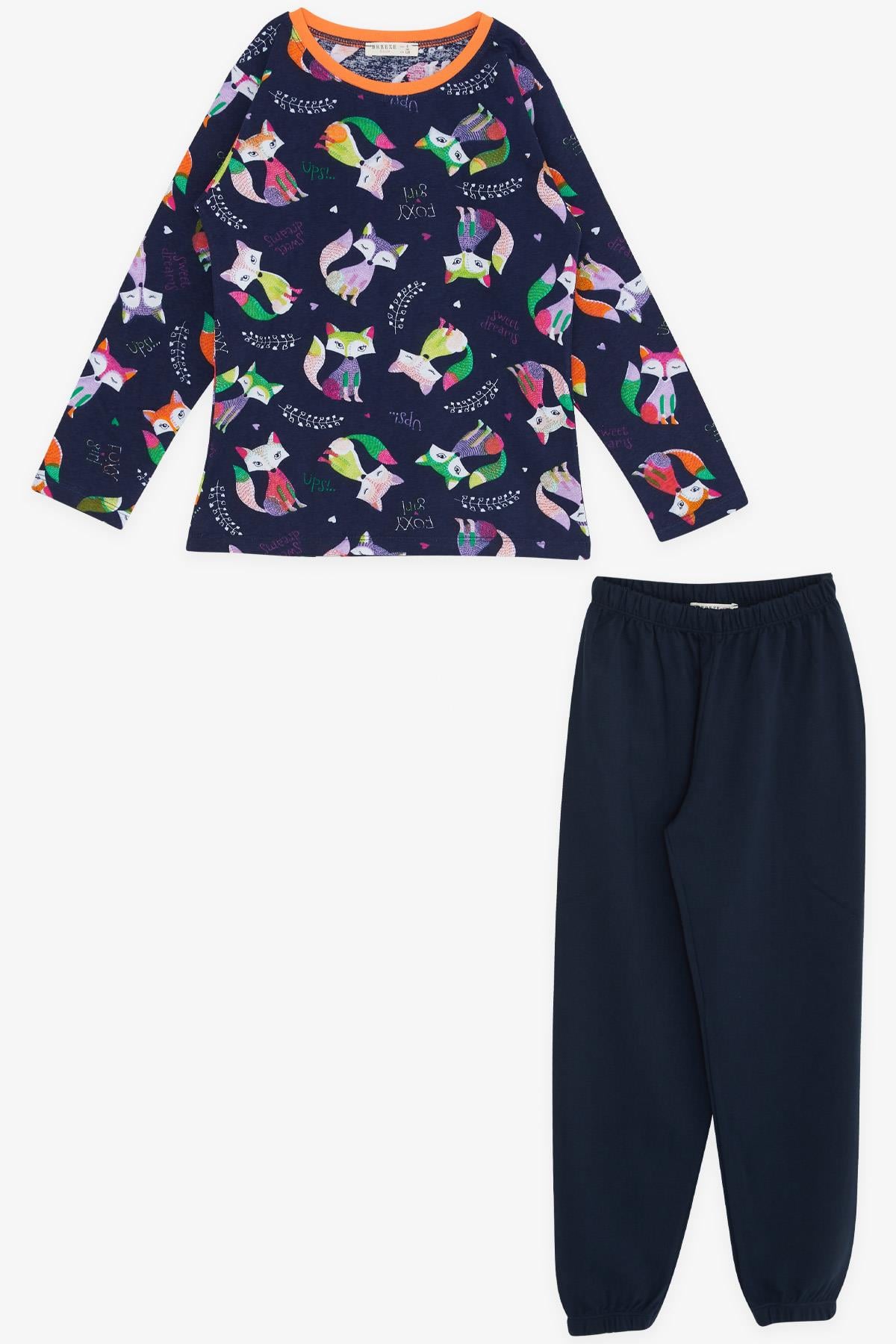 Breeze Kız Çocuk Pijama Takımı Sevimli Renkli Tilkicik Desenli Lacivert (4-8 Yaş)