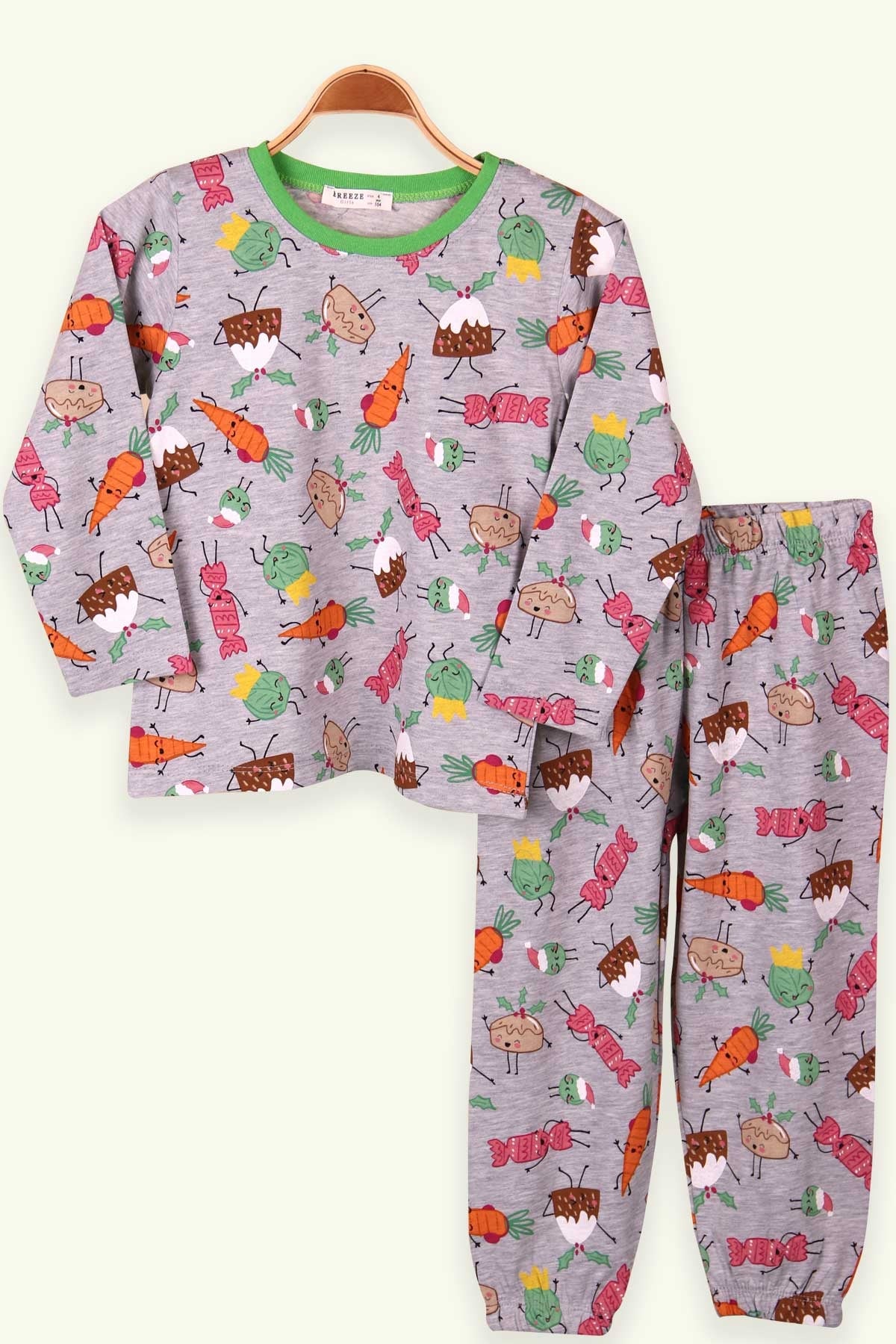 Breeze Kız Çocuk Pijama Takımı Sevimli Sebzeler Gri (4-8 Yaş)