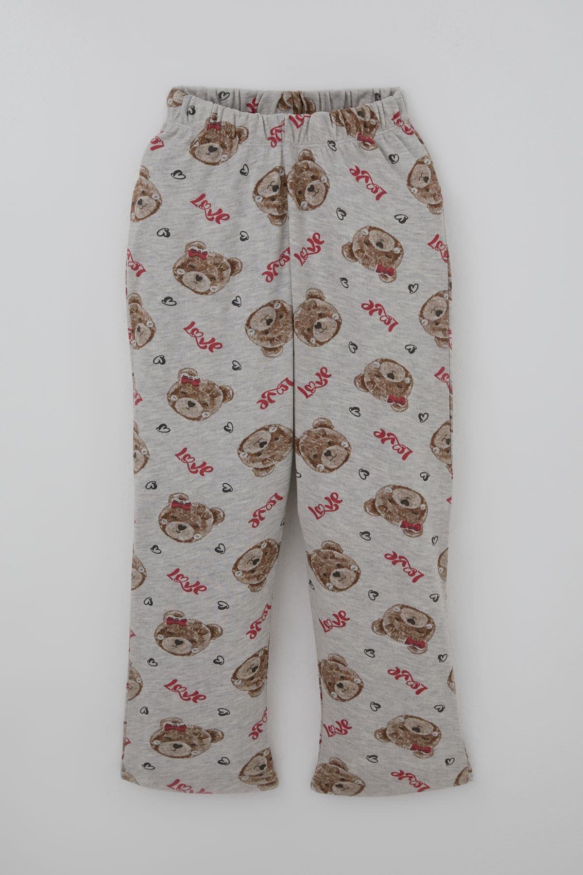 Breeze Kız Çocuk Pijama Takımı Sevimli Fiyonklu Ayıcık Desenli Açık Gri Melanj (7-11 Yaş)