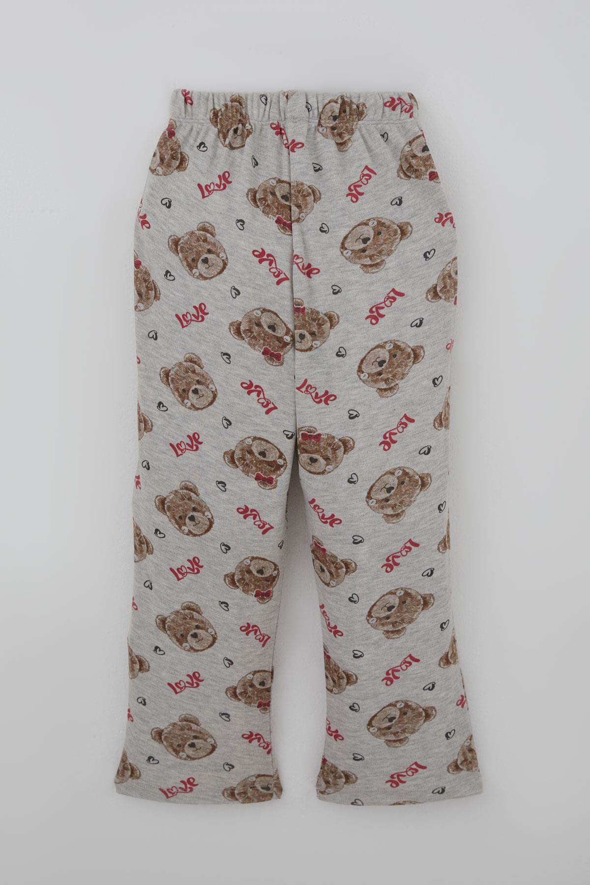 Breeze Kız Çocuk Pijama Takımı Sevimli Fiyonklu Ayıcık Desenli Açık Gri Melanj (7-11 Yaş)