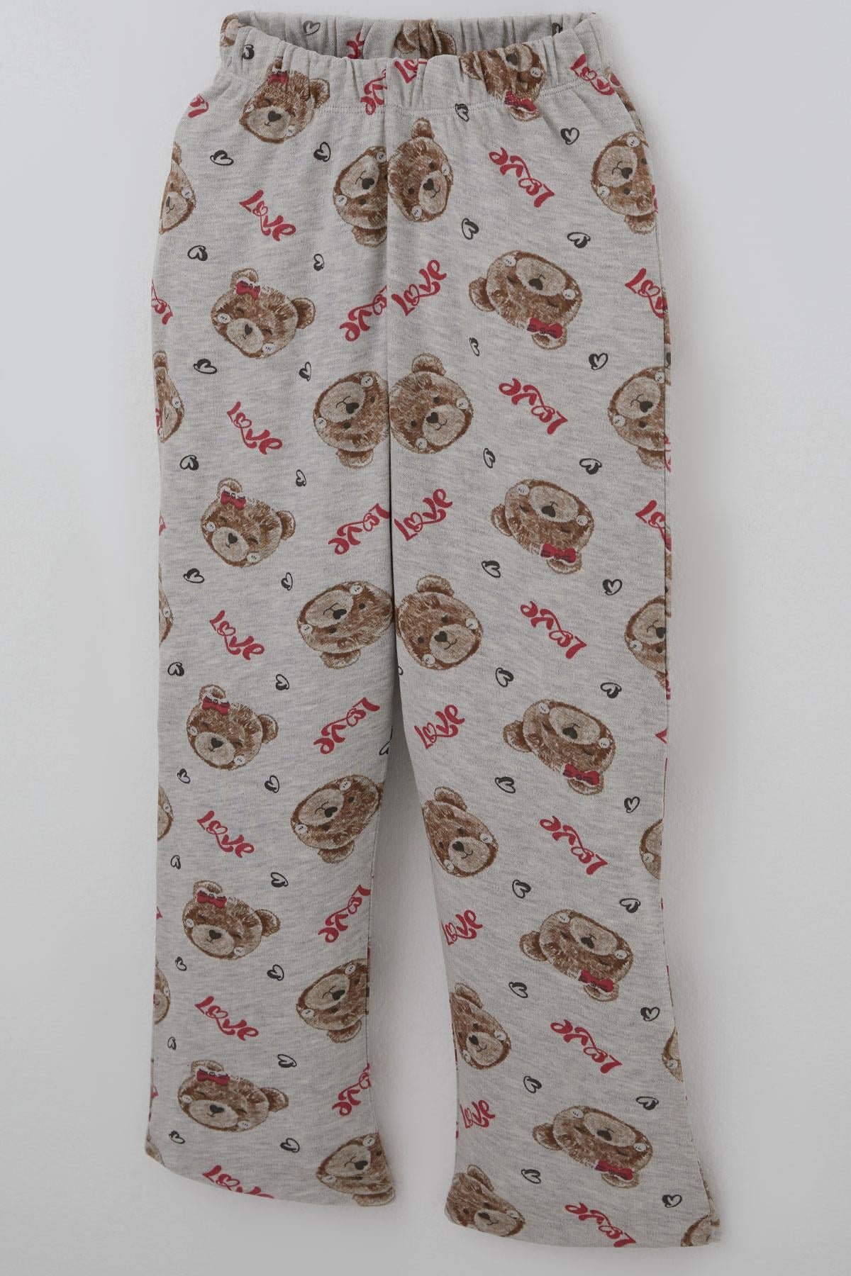 Breeze Kız Çocuk Pijama Takımı Sevimli Fiyonklu Ayıcık Desenli Açık Gri Melanj (7-11 Yaş)