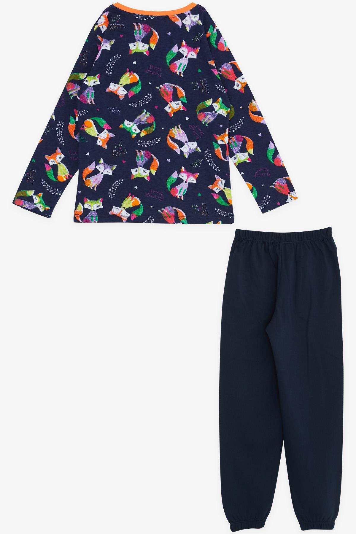 Breeze Kız Çocuk Pijama Takımı Sevimli Renkli Tilkicik Desenli Lacivert (4-8 Yaş)