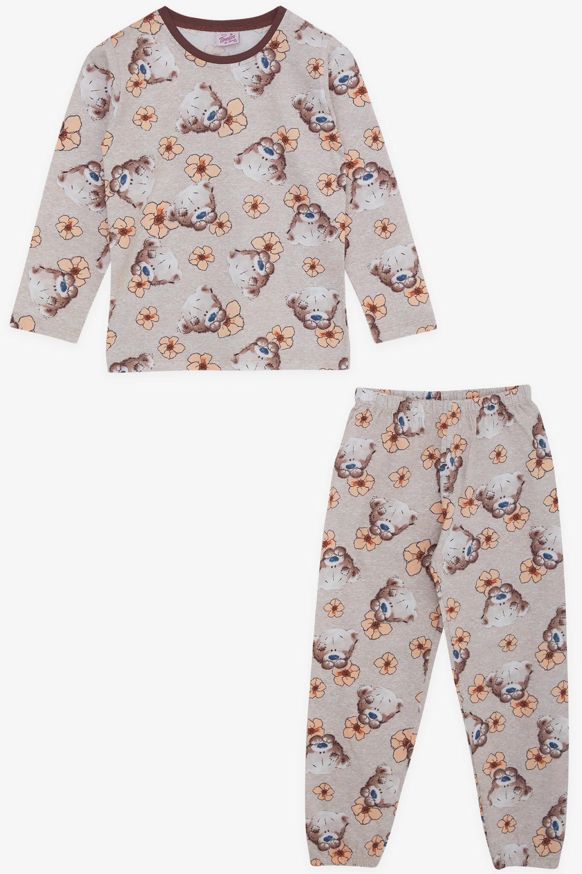 Breeze Kız Çocuk Pijama Takımı Sevimli Ayıcık Desenli Bej Melanj (4-8 Yaş)
