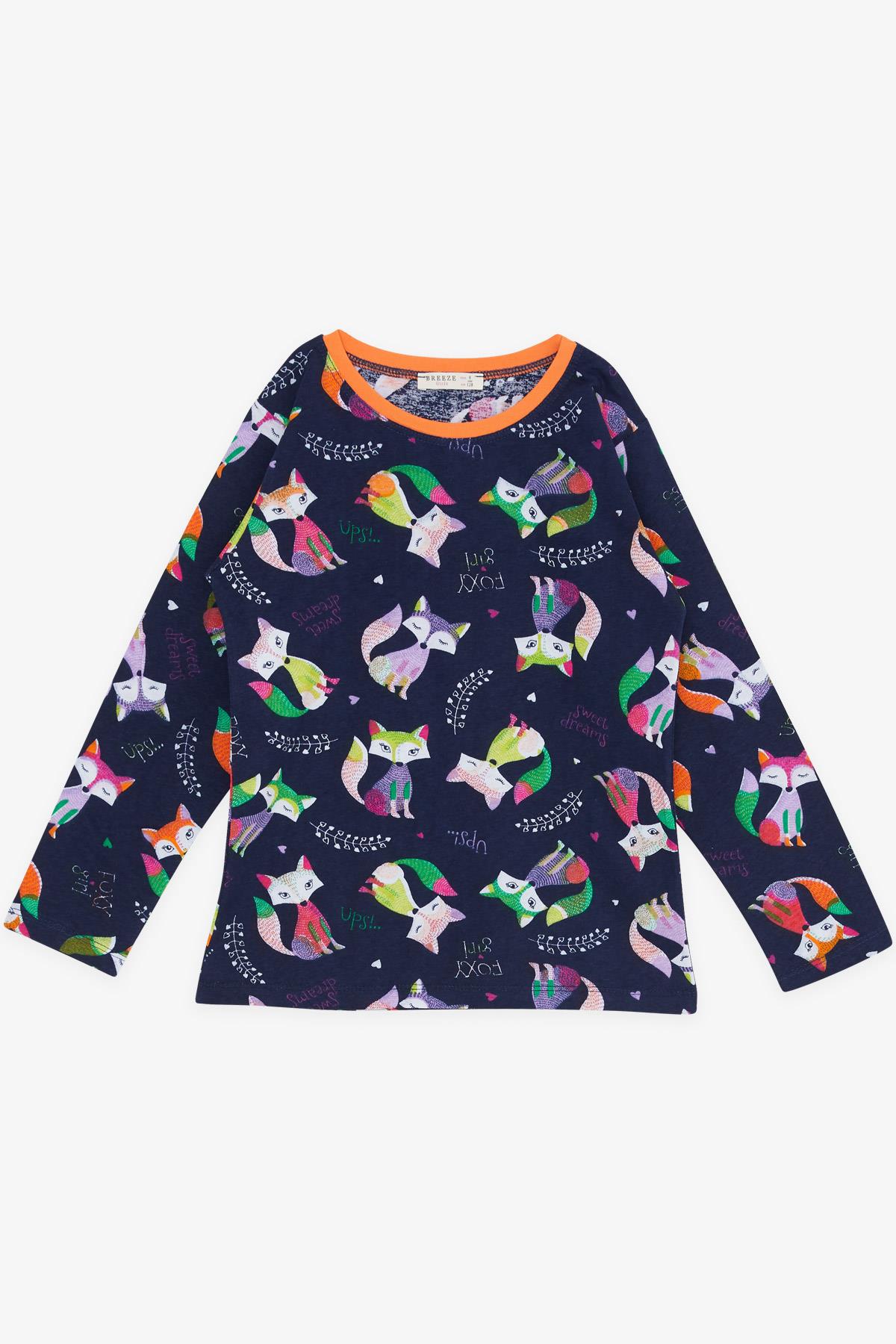 Breeze Kız Çocuk Pijama Takımı Sevimli Renkli Tilkicik Desenli Lacivert (4-8 Yaş)