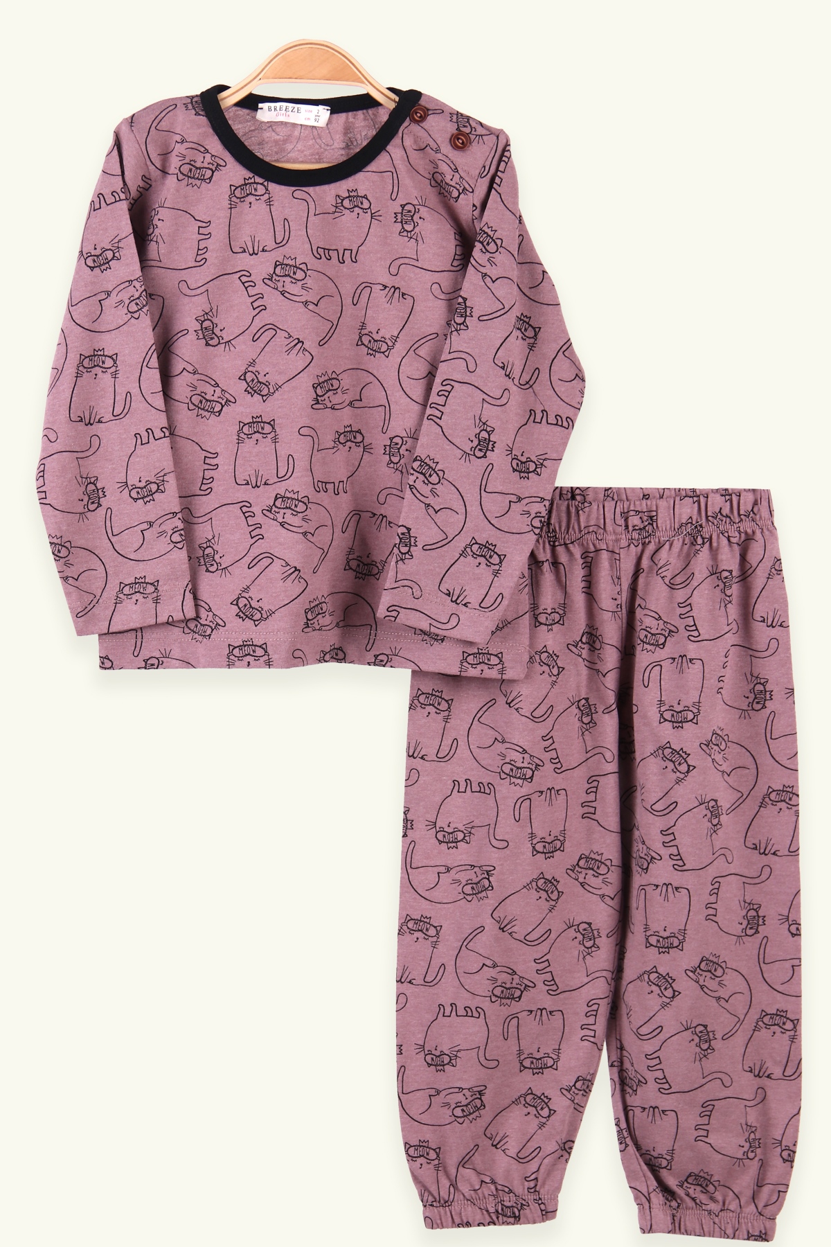 Breeze Kız Çocuk Pijama Takımı Taçlı Kedi Desenli Gülkurusu (2-6 Yaş)