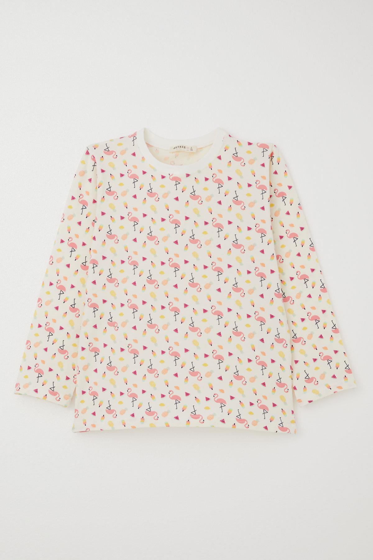 Breeze Kız Çocuk Pijama Takımı Tropikal Meyve & Flamingo Desenli Ekru (4-8 Yaş)
