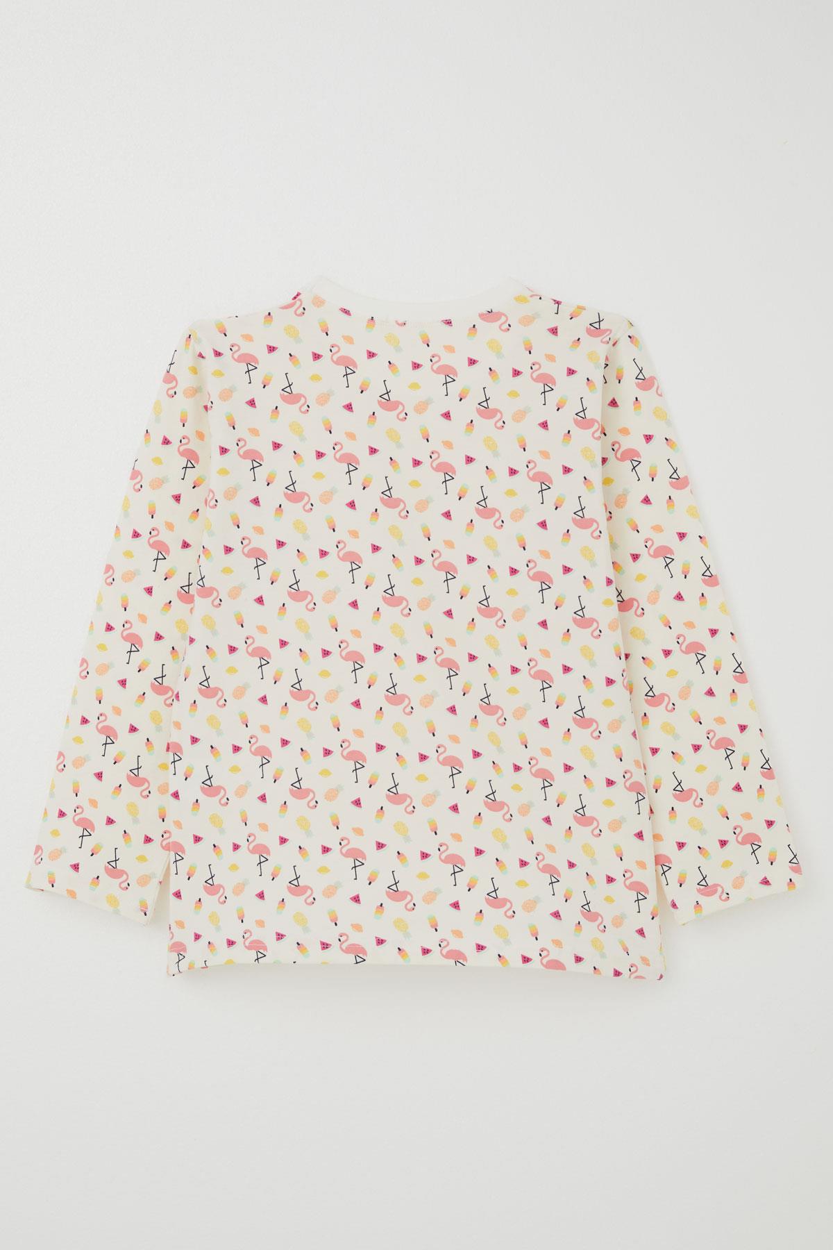 Breeze Kız Çocuk Pijama Takımı Tropikal Meyve & Flamingo Desenli Ekru (4-8 Yaş)