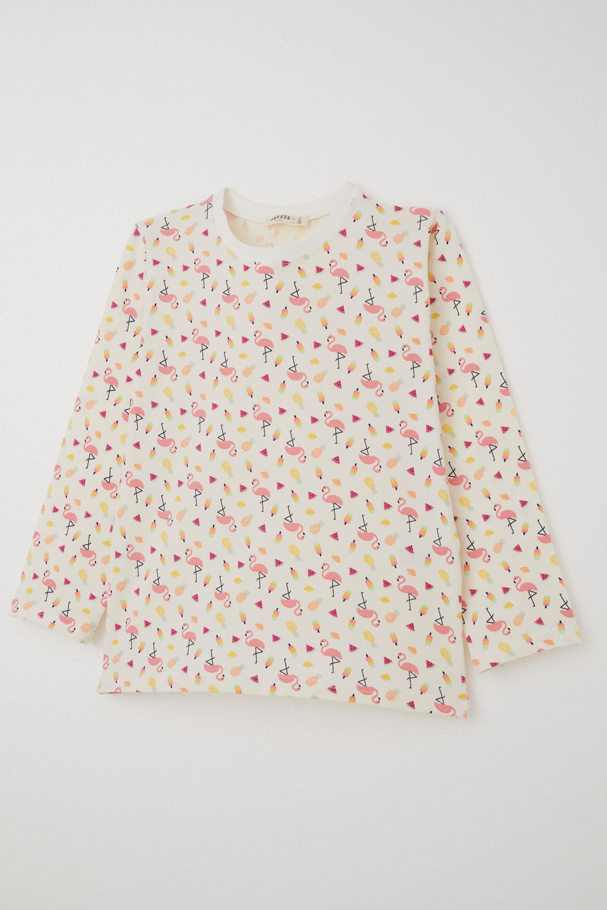 Breeze Kız Çocuk Pijama Takımı Tropikal Meyve & Flamingo Desenli Ekru (4-8 Yaş)
