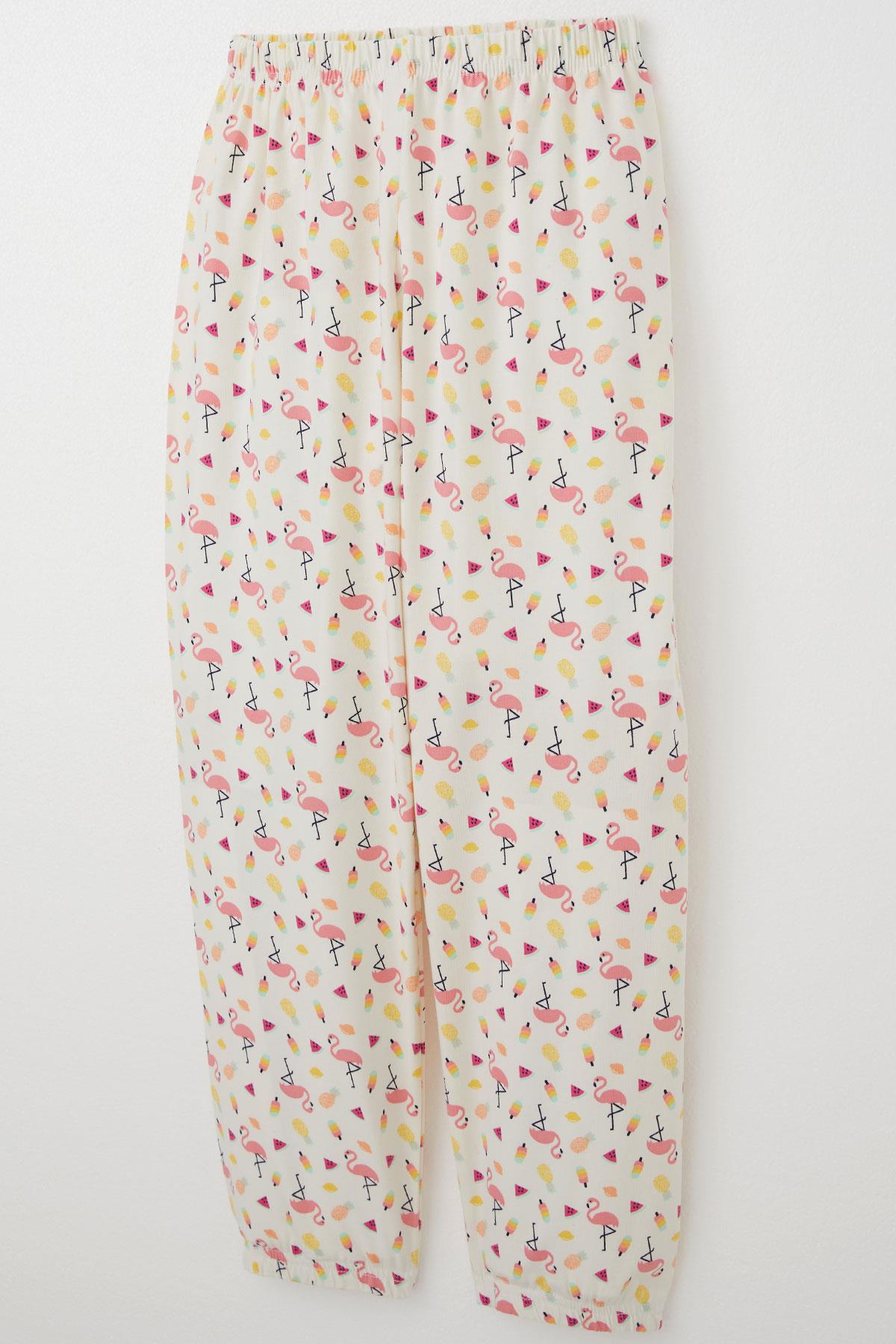 Breeze Kız Çocuk Pijama Takımı Tropikal Meyve & Flamingo Desenli Ekru (4-8 Yaş)