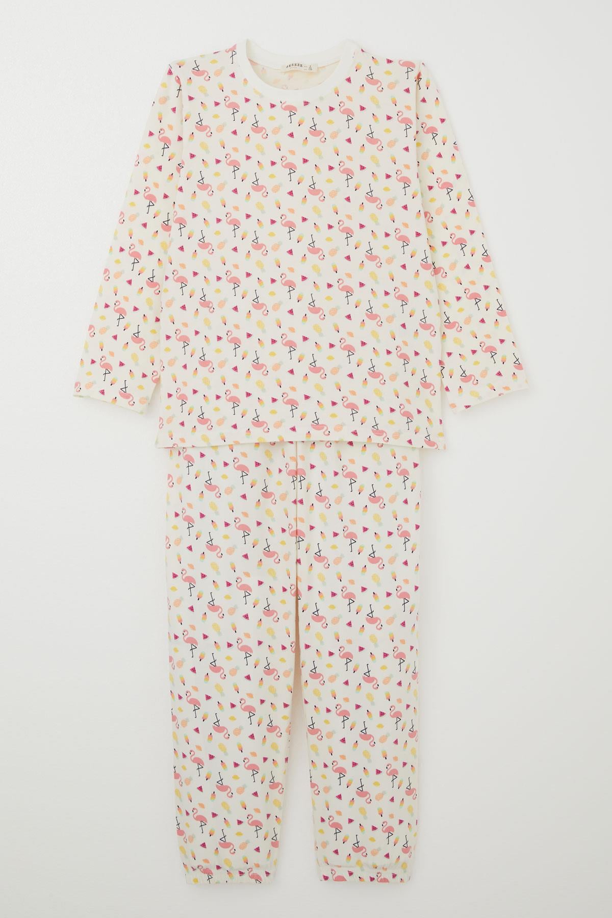 Breeze Kız Çocuk Pijama Takımı Tropikal Meyve & Flamingo Desenli Ekru (4-8 Yaş)