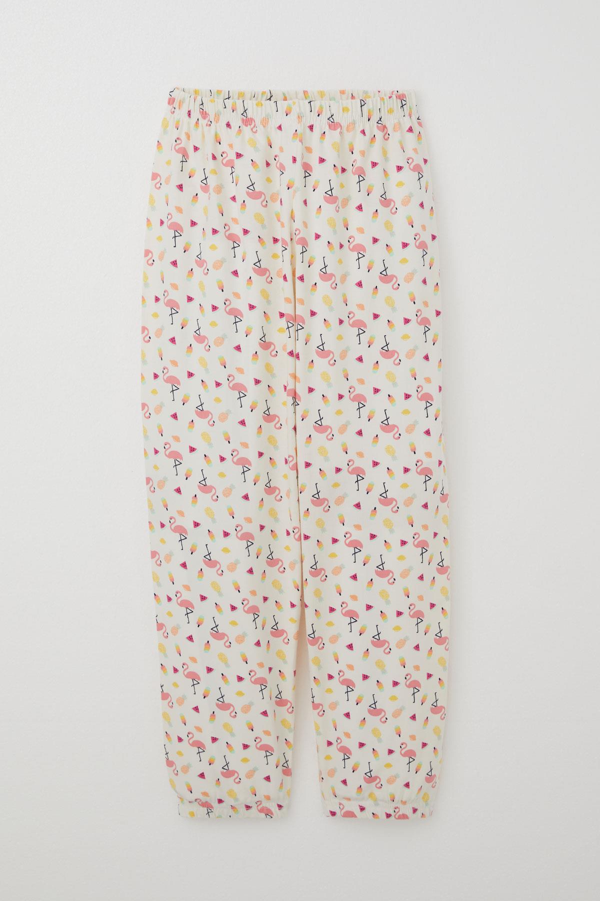 Breeze Kız Çocuk Pijama Takımı Tropikal Meyve & Flamingo Desenli Ekru (4-8 Yaş)
