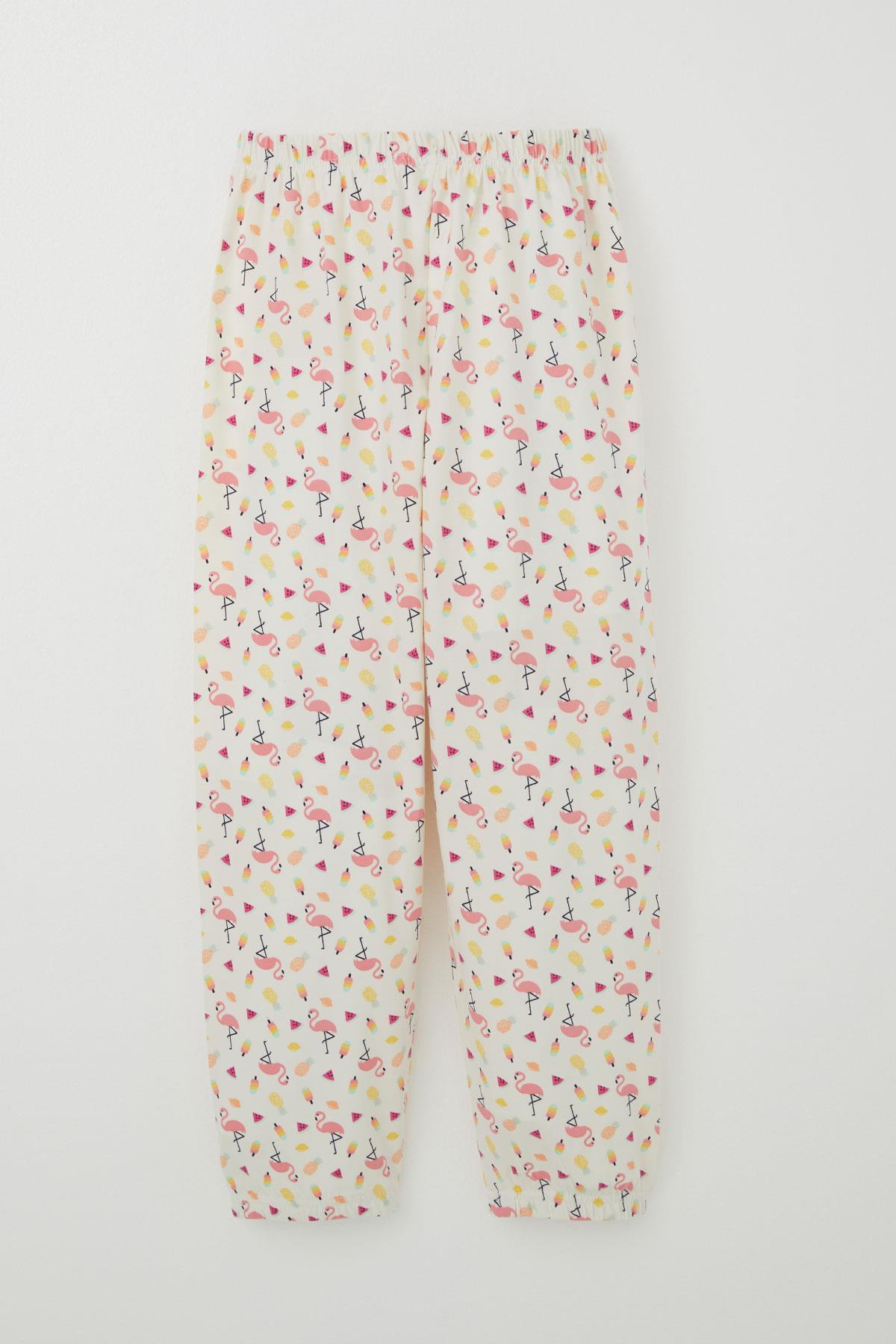 Breeze Kız Çocuk Pijama Takımı Tropikal Meyve & Flamingo Desenli Ekru (4-8 Yaş)