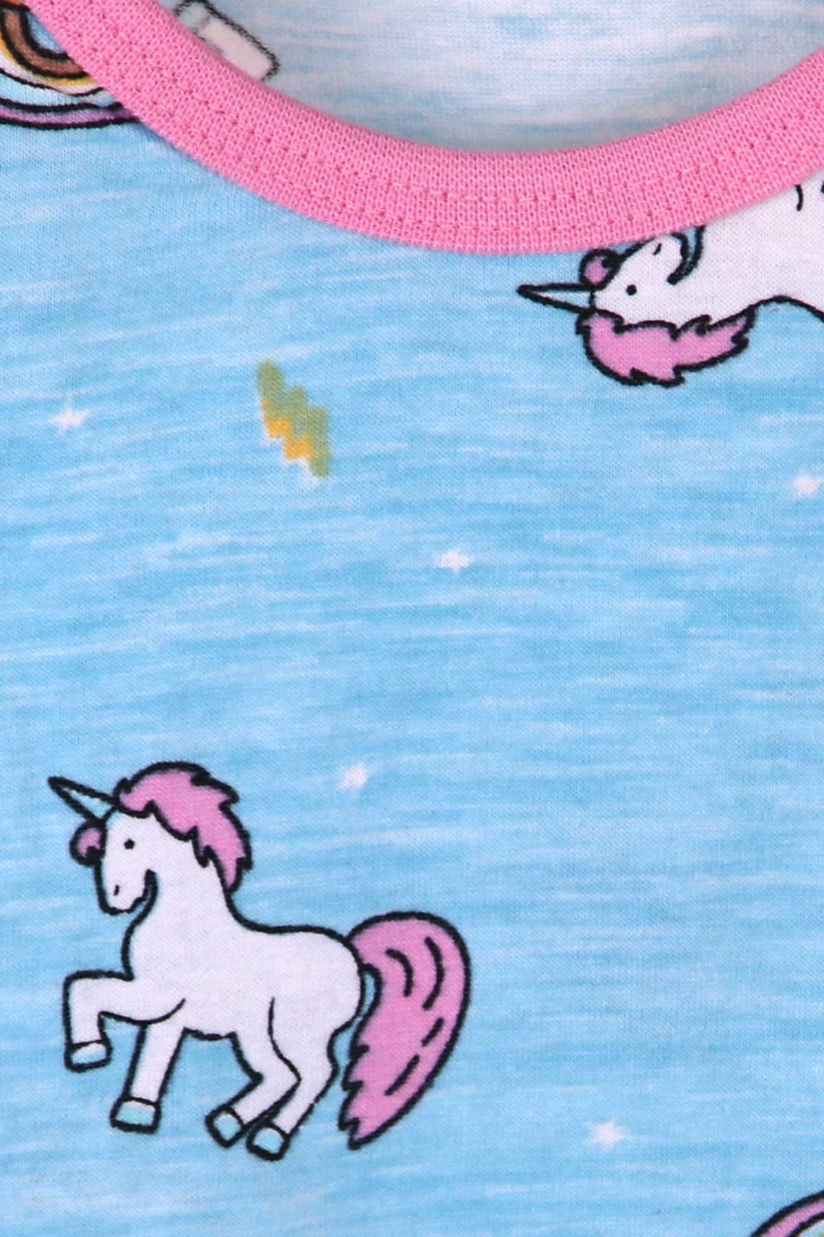 Breeze Kız Çocuk Pijama Takımı Unicorn Desenli Bebe Mavisi (1-4 Yaş)