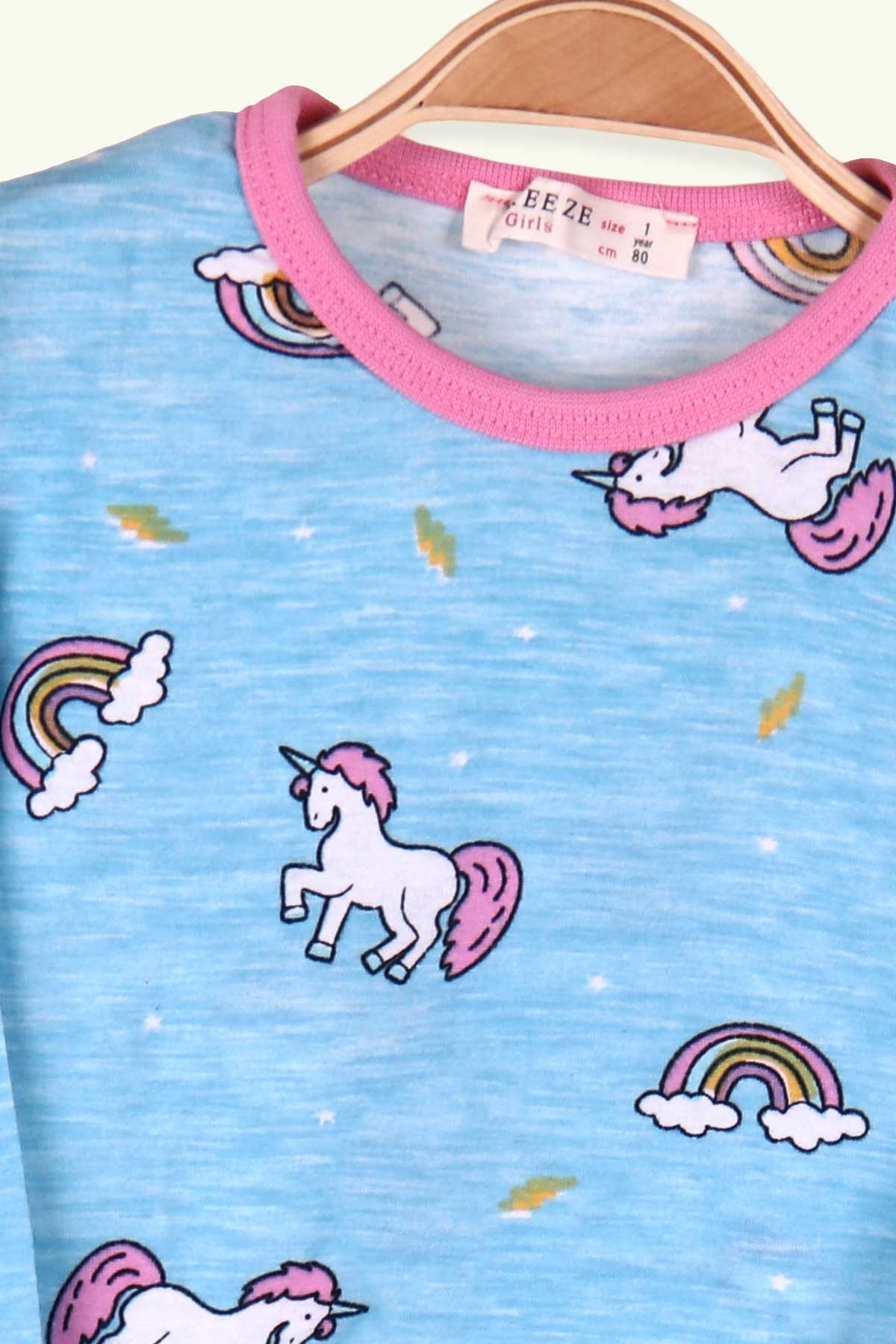 Breeze Kız Çocuk Pijama Takımı Unicorn Desenli Bebe Mavisi (1-4 Yaş)