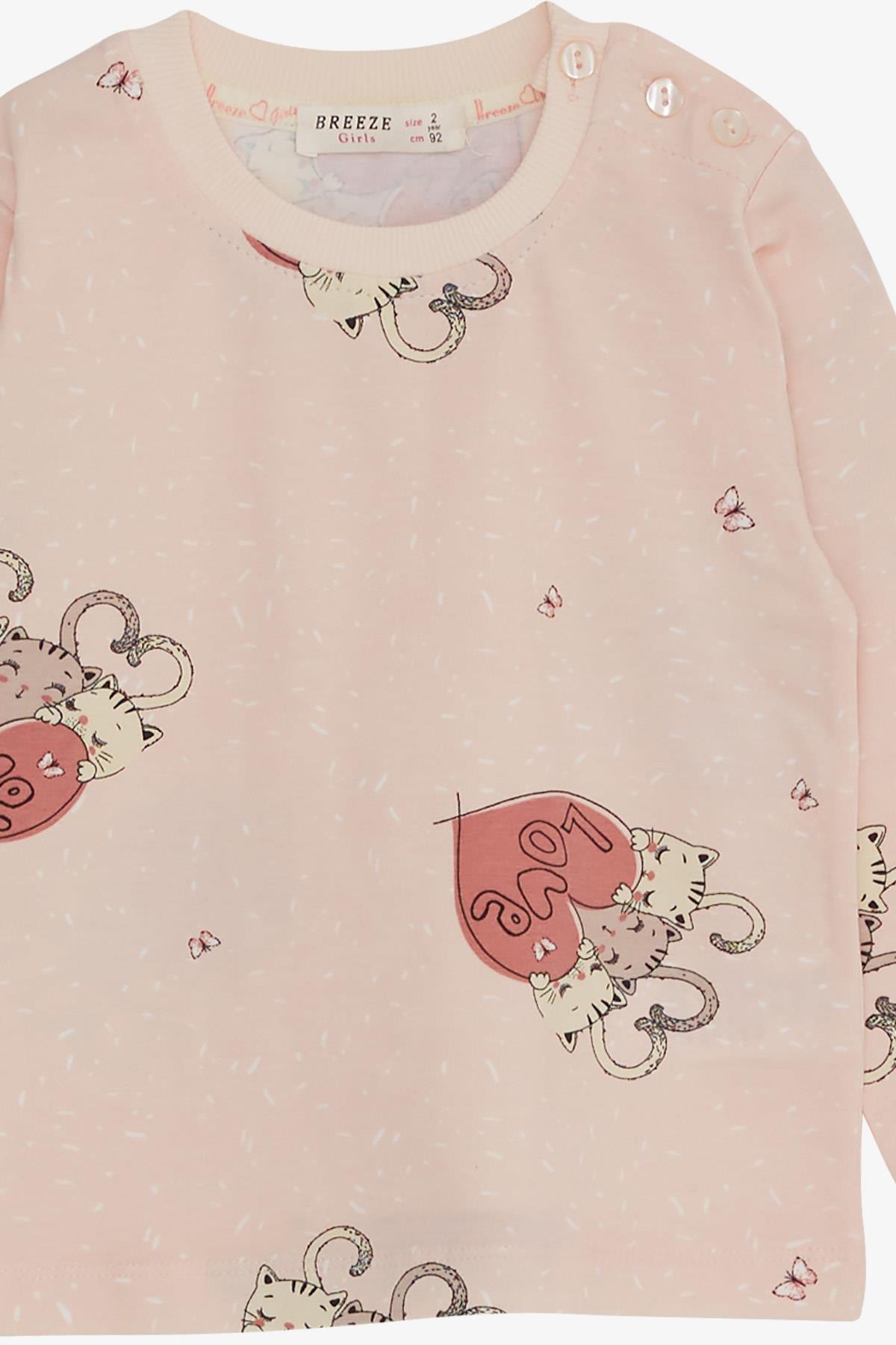 Breeze Kız Çocuk Pijama Takımı Uykucu Kedicikler Desenli Pudra (1.5-5 Yaş)